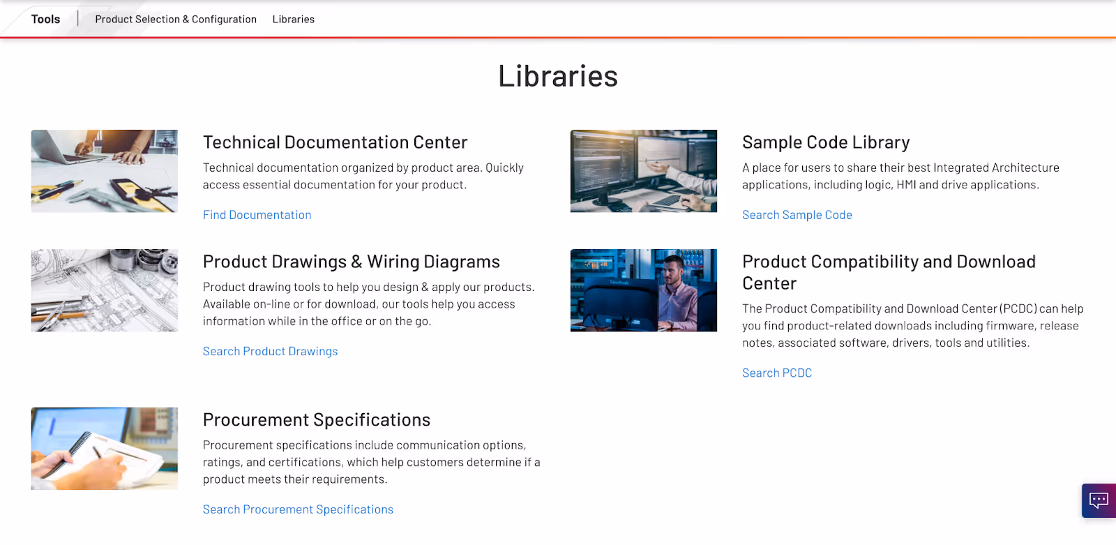 "Libraries" section of Rockwell Automation's "Tools" web page featuring documentations, drawings, and specs