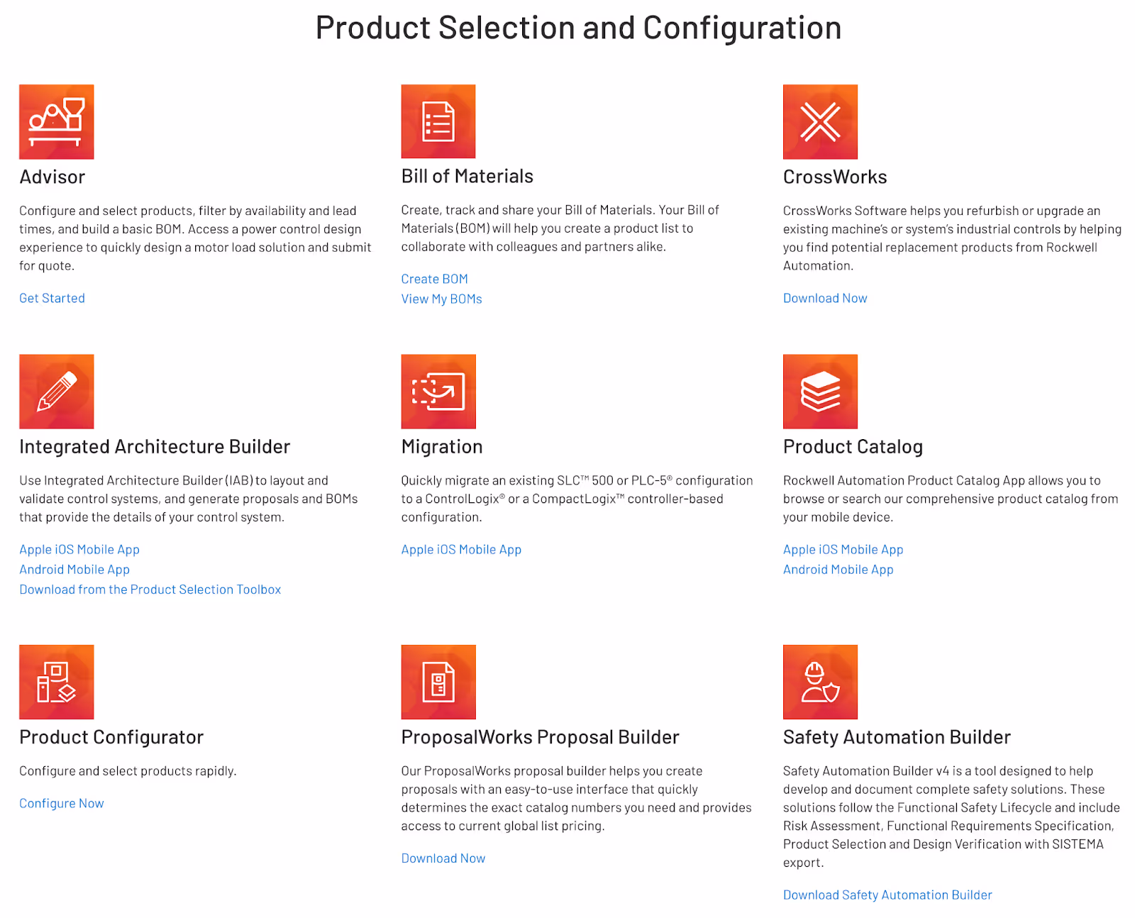 product selection and configuration tools offered on Rockwell Automation's "Tools" web page, including a product configurator and proposal builder