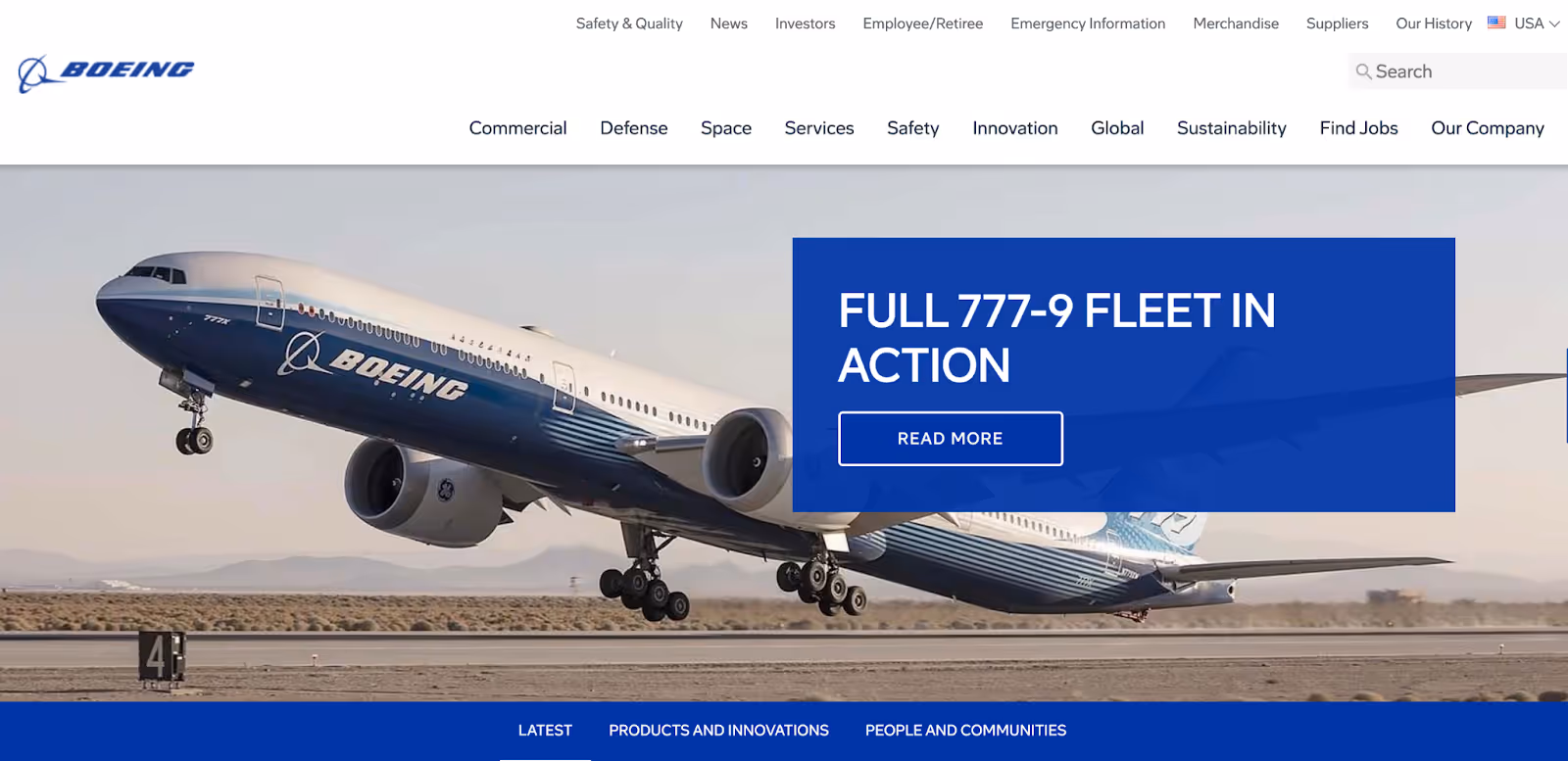 quick loading homepage of B2B aerospace manufacturer Boeing