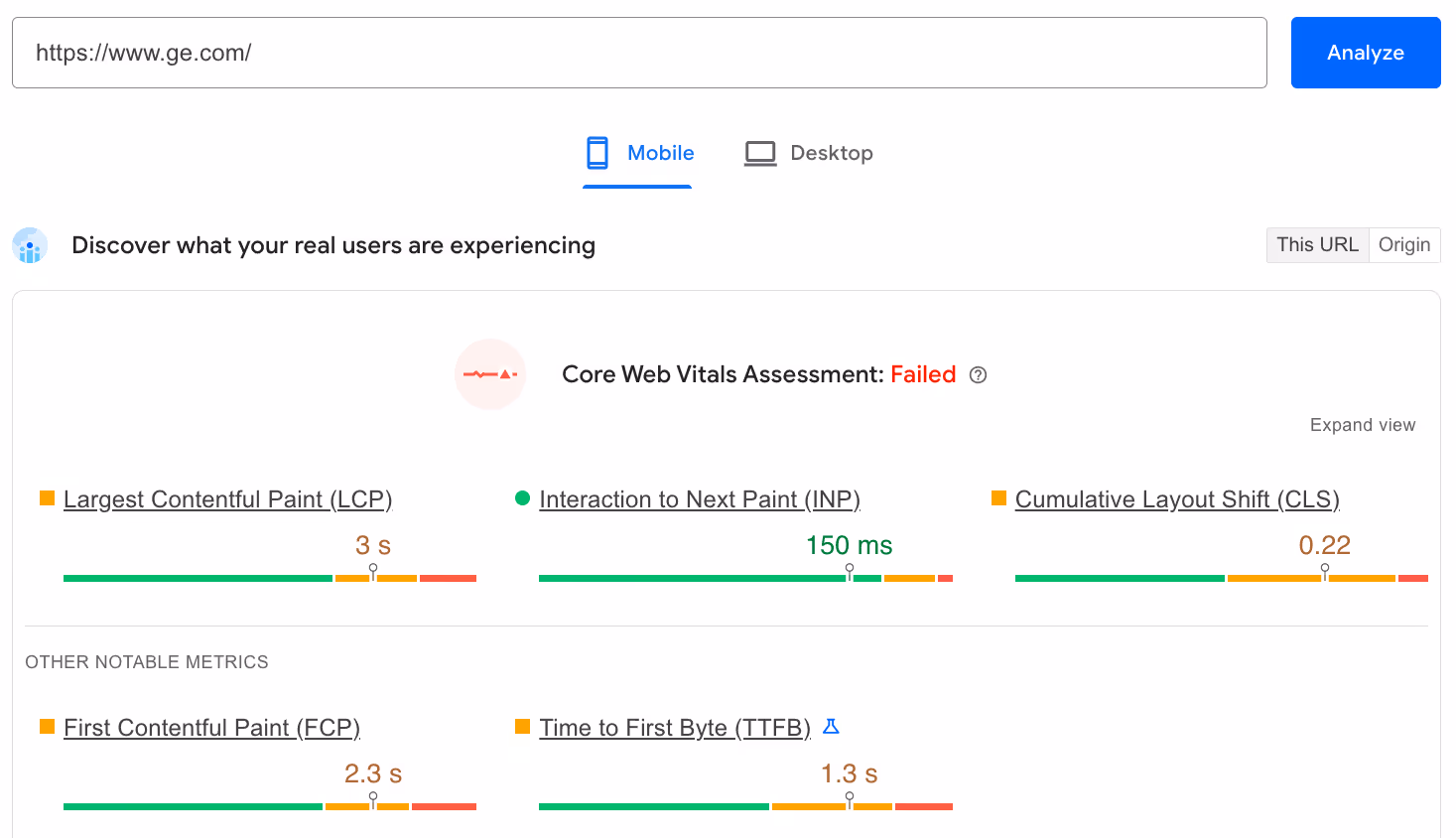 General Electric's failed Core Web Vitals Assessment via Google's PageSpeed Insights tool