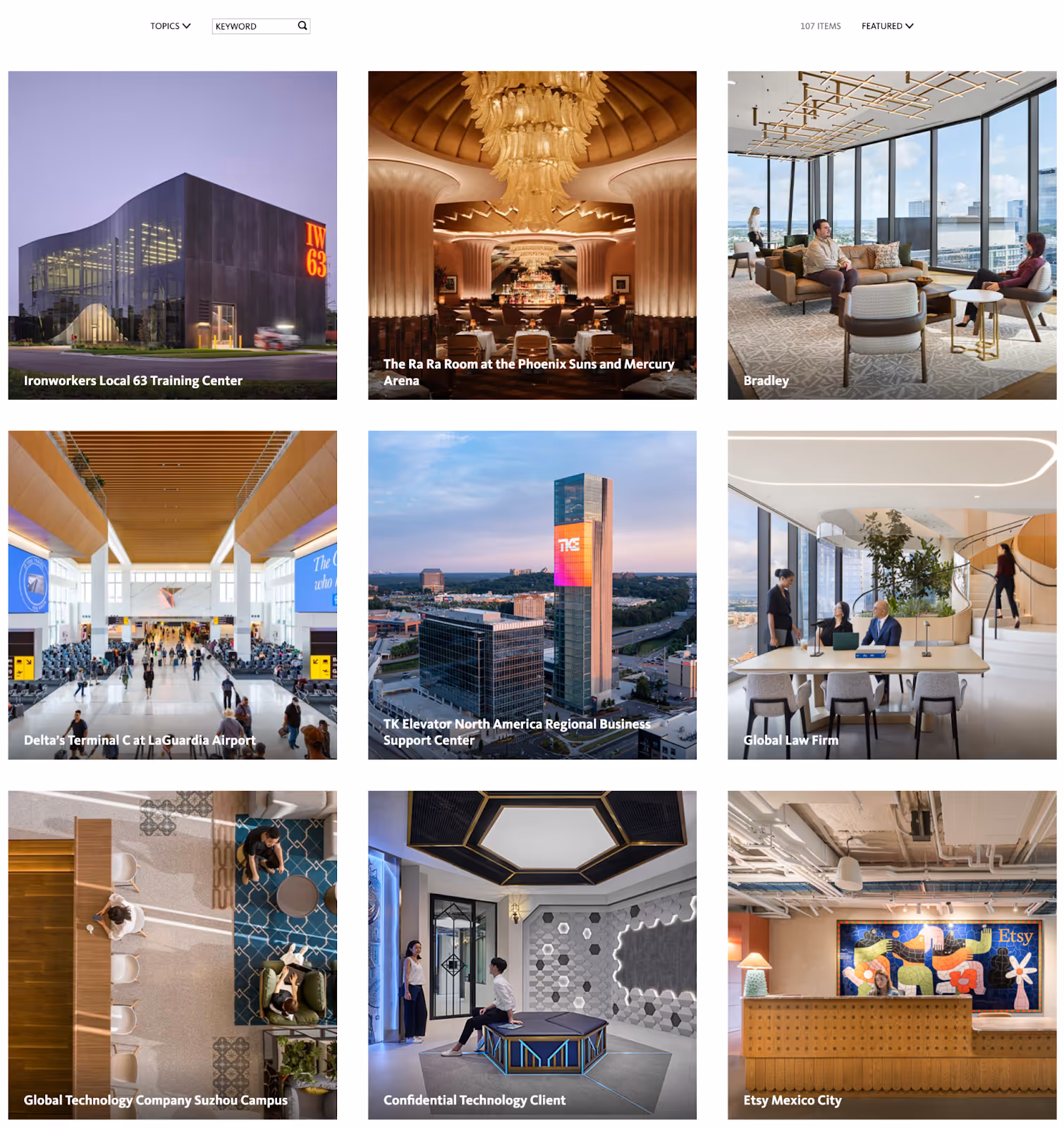 B2B architectural firm Gensler's "Project" gallery page featuring vibrant, authentic photos of past projects