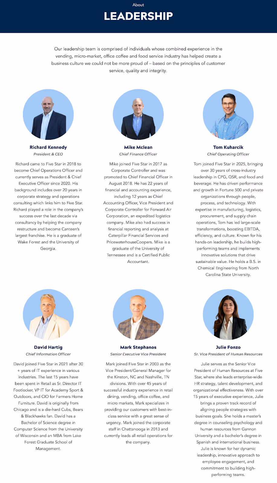 "Leadership" page of B2B company Five Star Breaktime Solutions' website featuring trust-building photos, titles, and bios