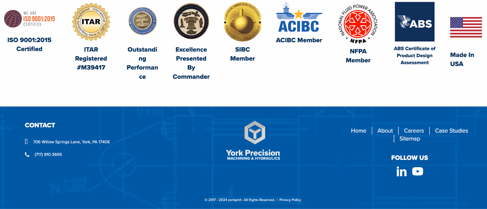 York Precision Machining & Hydraulics' website footer featuring trust badges and certifications