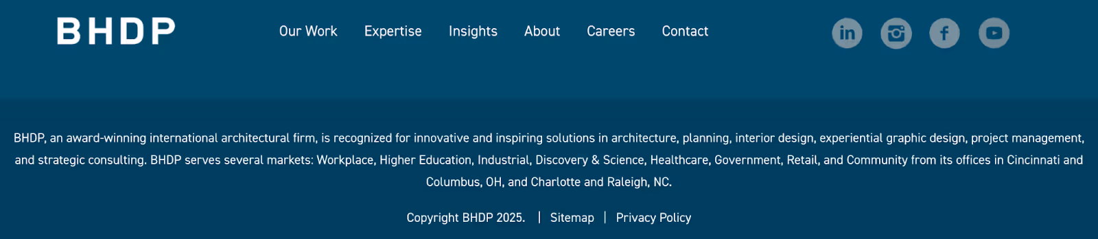 website footer for architectural firm BHDP showing a recent copyright date