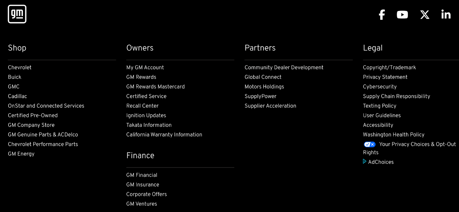 General Motors' website footer featuring clear, accessible links to legal documents