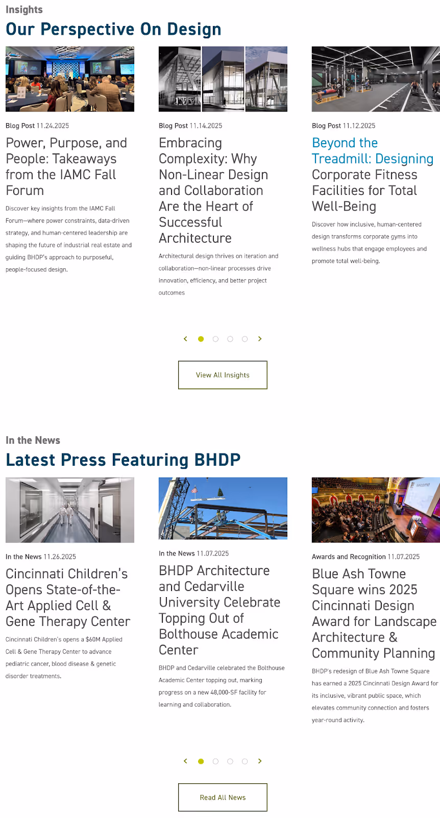 screeenshot of BHDP's architectural firm website homepage showing recent dates on blog articles