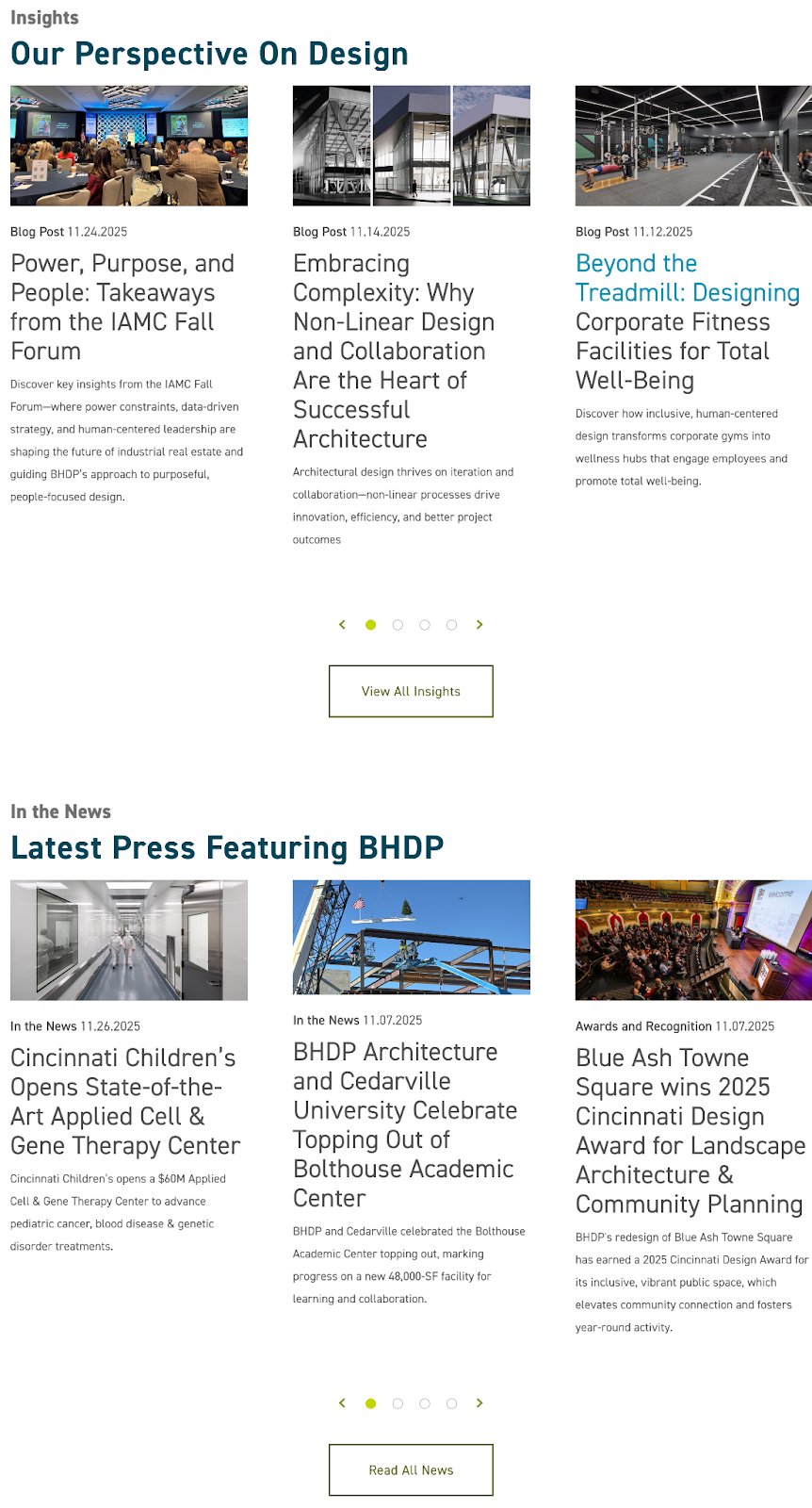 screeenshot of BHDP's architectural firm website homepage showing recent dates on blog articles