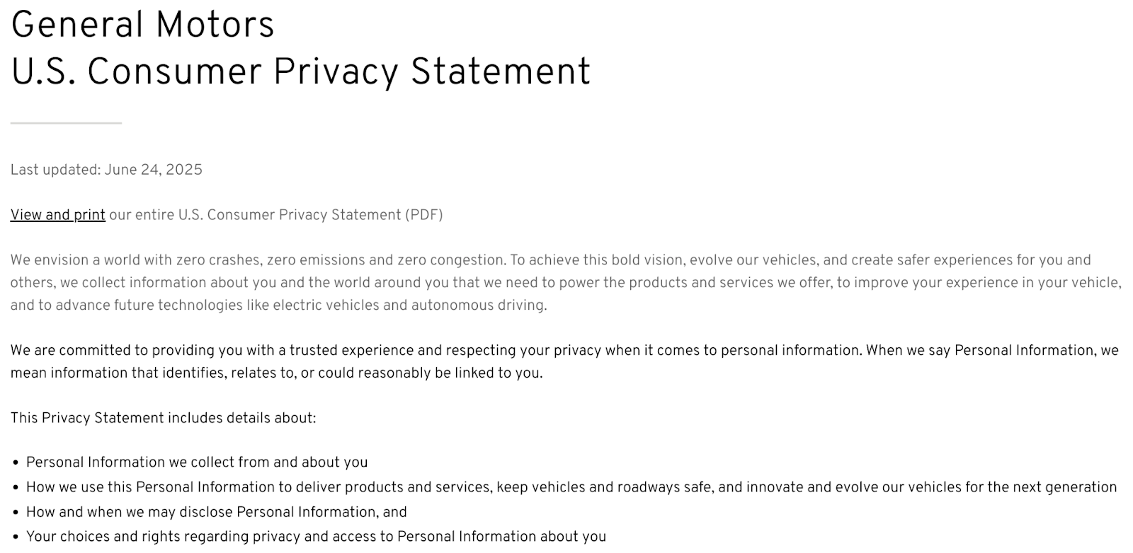 screenshot of General Motors' "U.S. Consumer Privacy Statement"