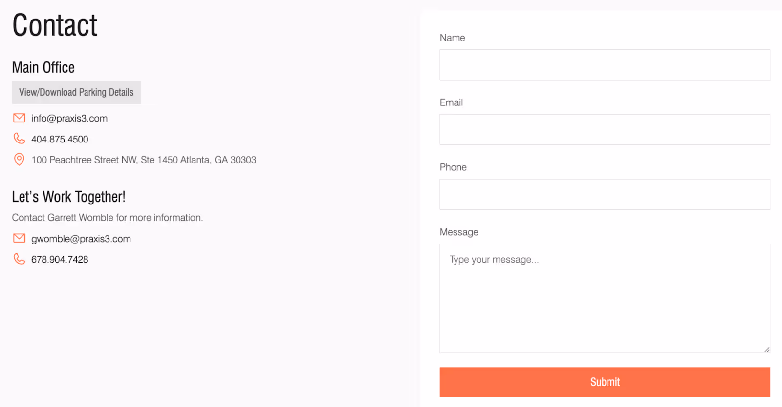 "Contact" page for architecture and design firm PRAXIS3 showing multiple contact methods for B2B prospects
