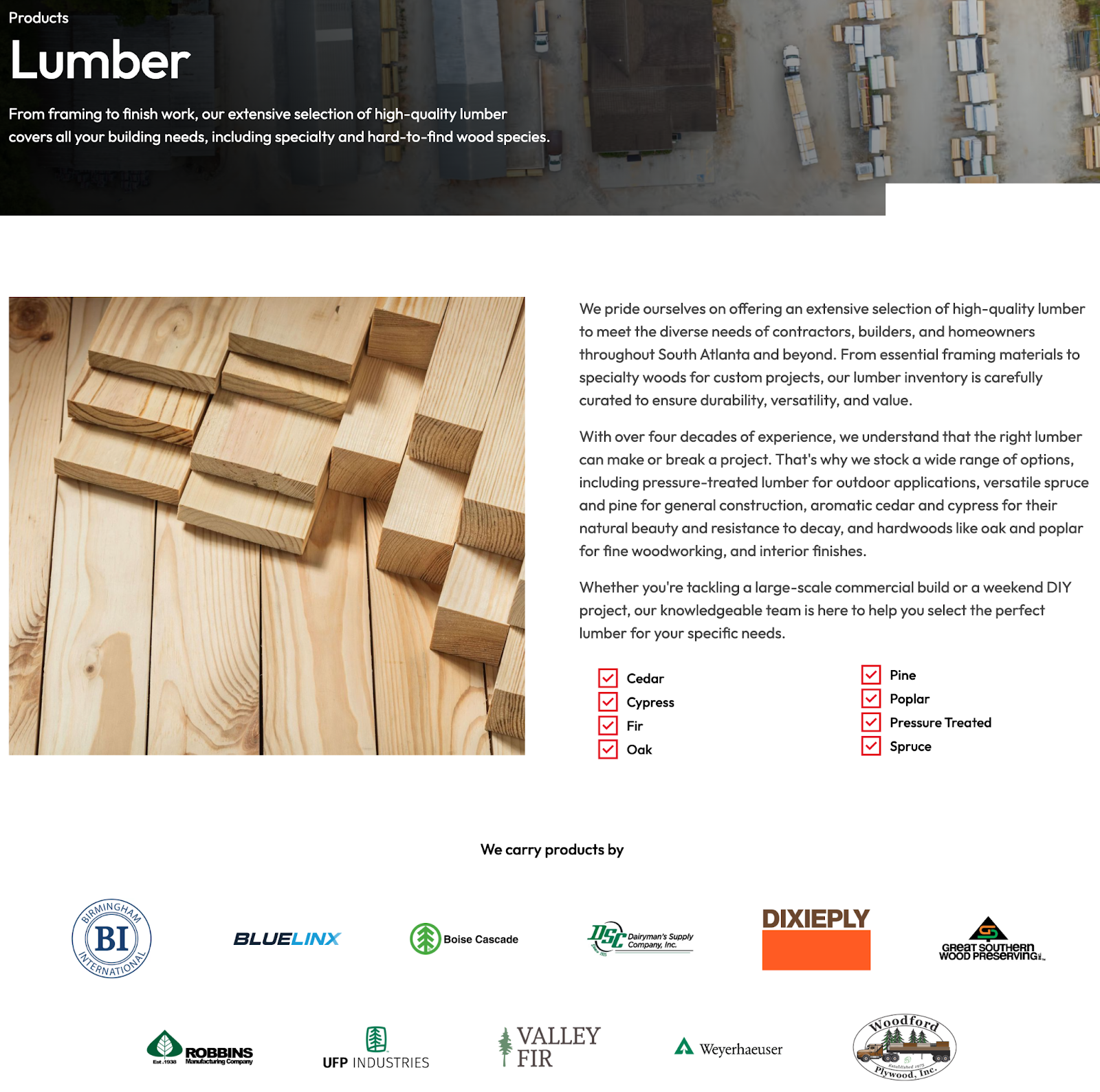 "Lumber" product page for Carl E. Smith & Son’s Building Materials reflecting their current lumber options and the manufacturers whose products they carry