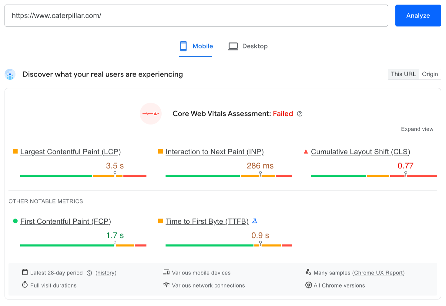 screenshot of a failed Core Web Vitals Assessment for B2B manufacturing company Caterpillar's website homepage