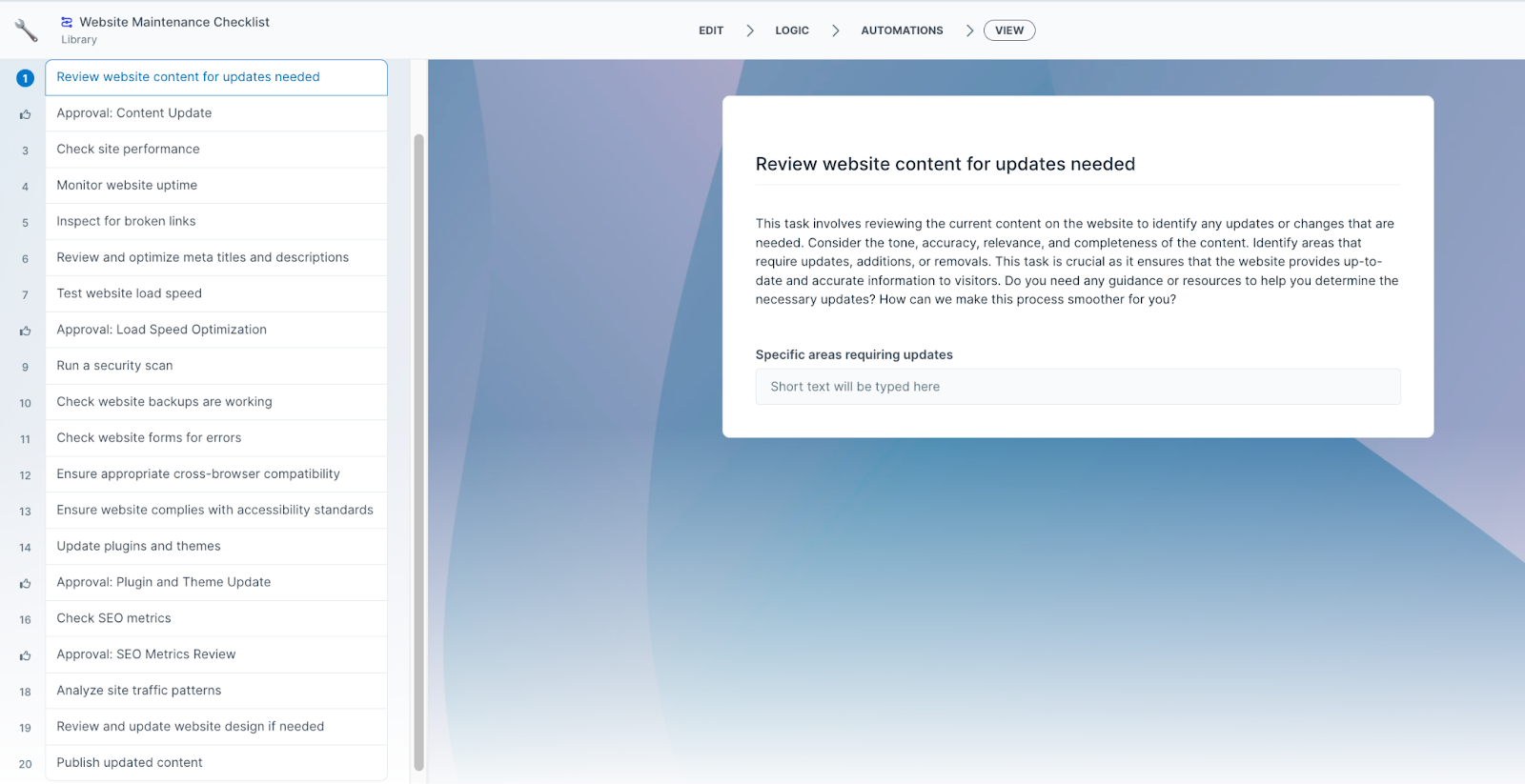 website maintenance checklist example from workflow standardization company Process Street