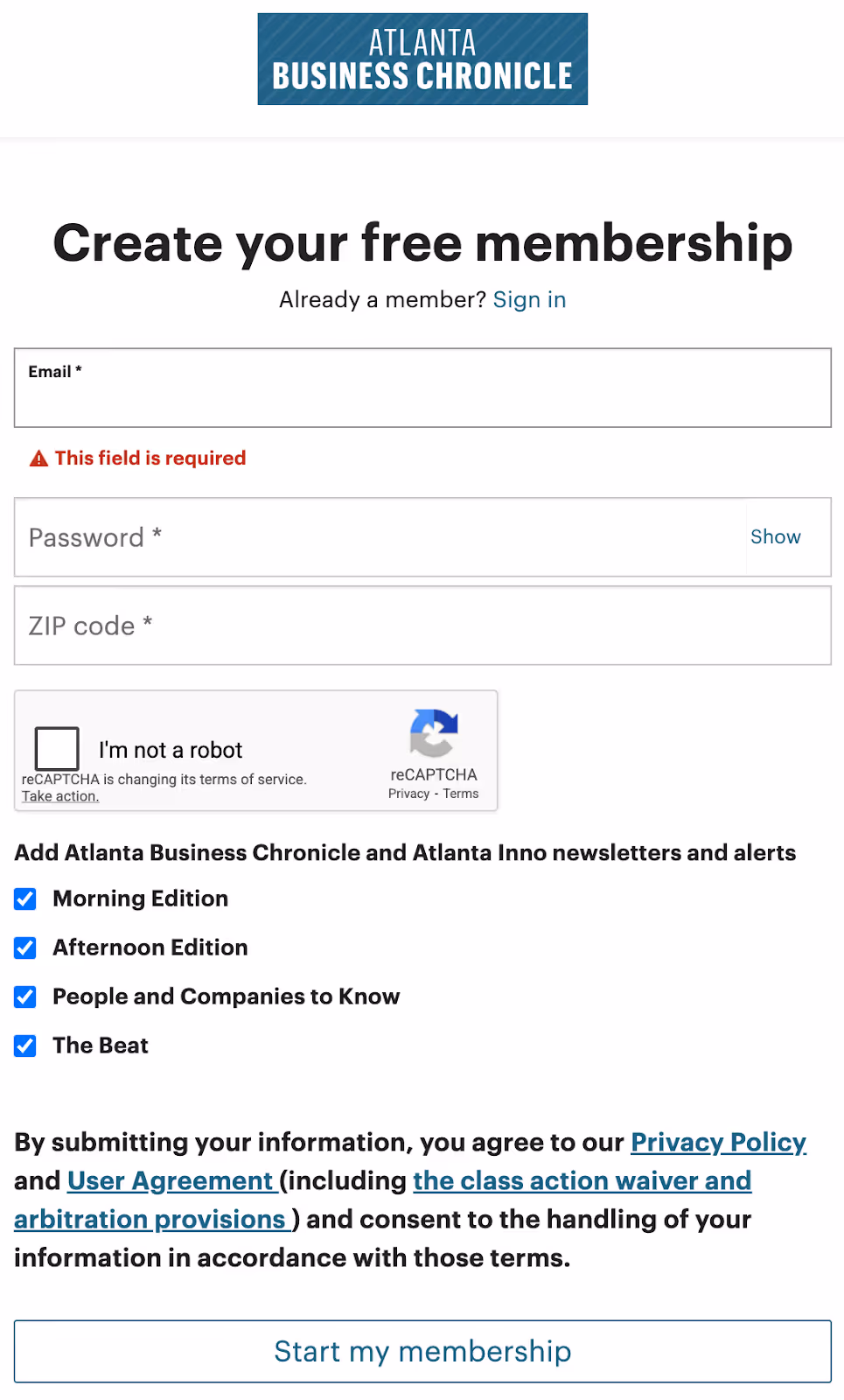 screenshot of the membership sign-up form for Atlanta Business Chronicle