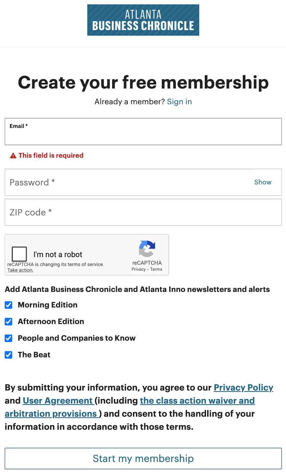 screenshot of the membership sign-up form for Atlanta Business Chronicle
