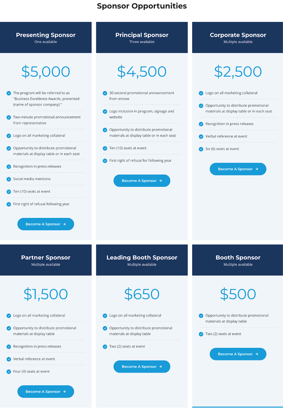 chart of opportunities and prices for sponsoring the Gwinnett Chamber Business Excellence Awards