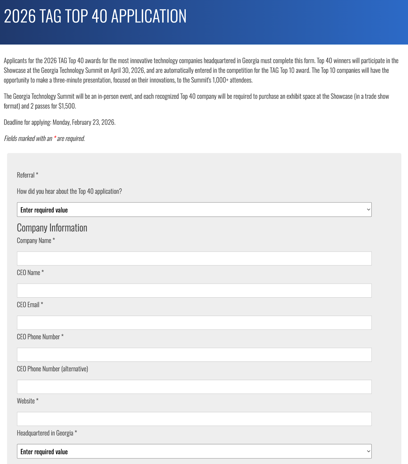 screenshot of the application form for TAG's Top 40 program