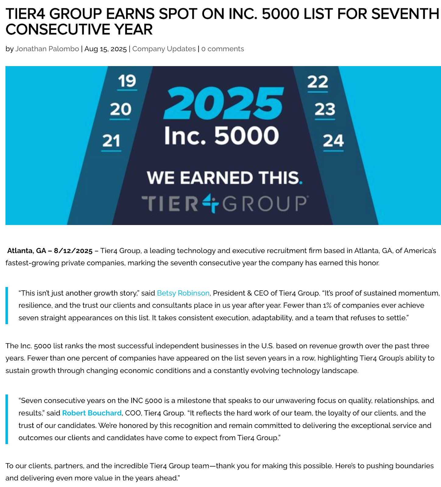 press release from Tier4 Group showcasing its seventh consecutive year on the Inc. 5000 list