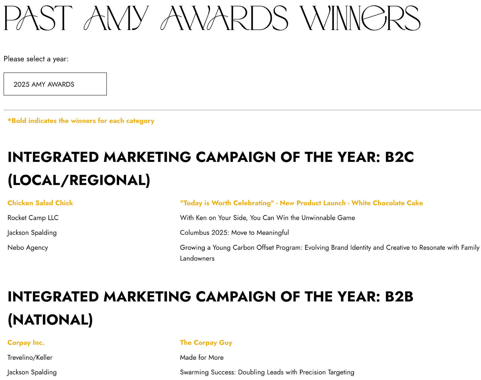 screenshot of the 2025 AMY Awards winners for "Integrated Marketing Campaign of the Year" for B2C and B2B