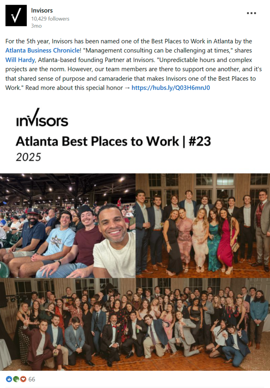 Invisors' LinkedIn post celebrating their fifth year in a row being awarded a "Best Places to Work" title by Atlanta Business Chronicle