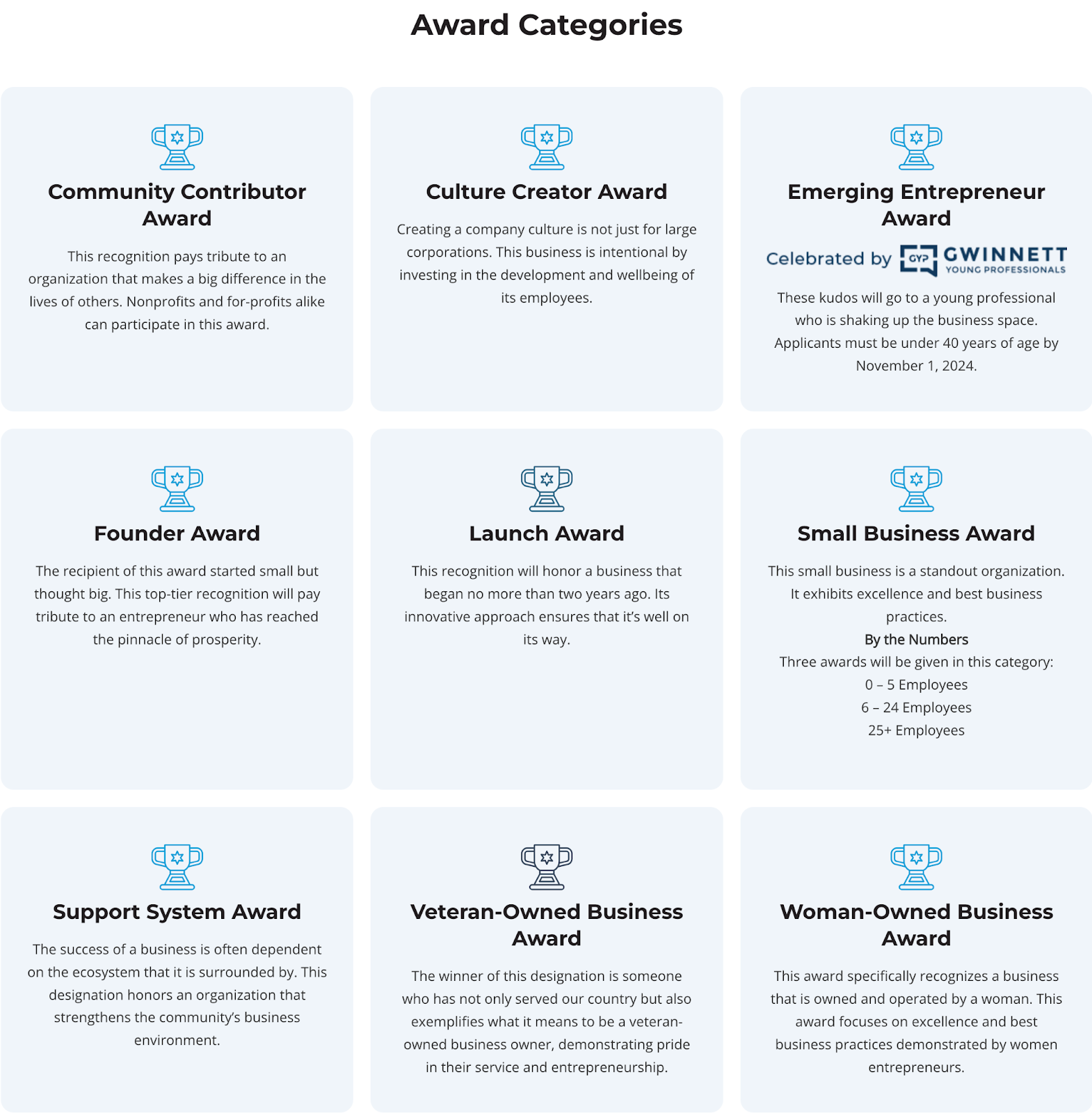 infographic of the Gwinnett Chamber Business Excellence Awards' different award categories