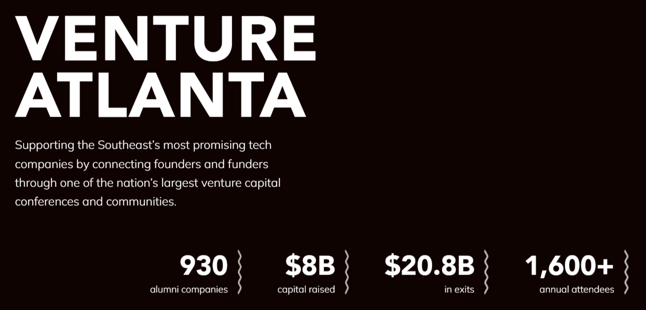 screenshot of Venture Atlanta's homepage hero featuring stats about annual attendees and capital raised