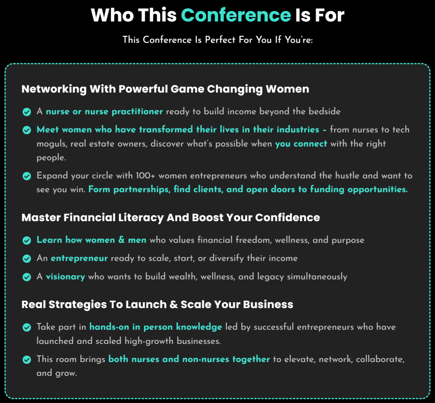 screenshot of the 100 Women in Business Conference web page highlighting conference strategies and goals