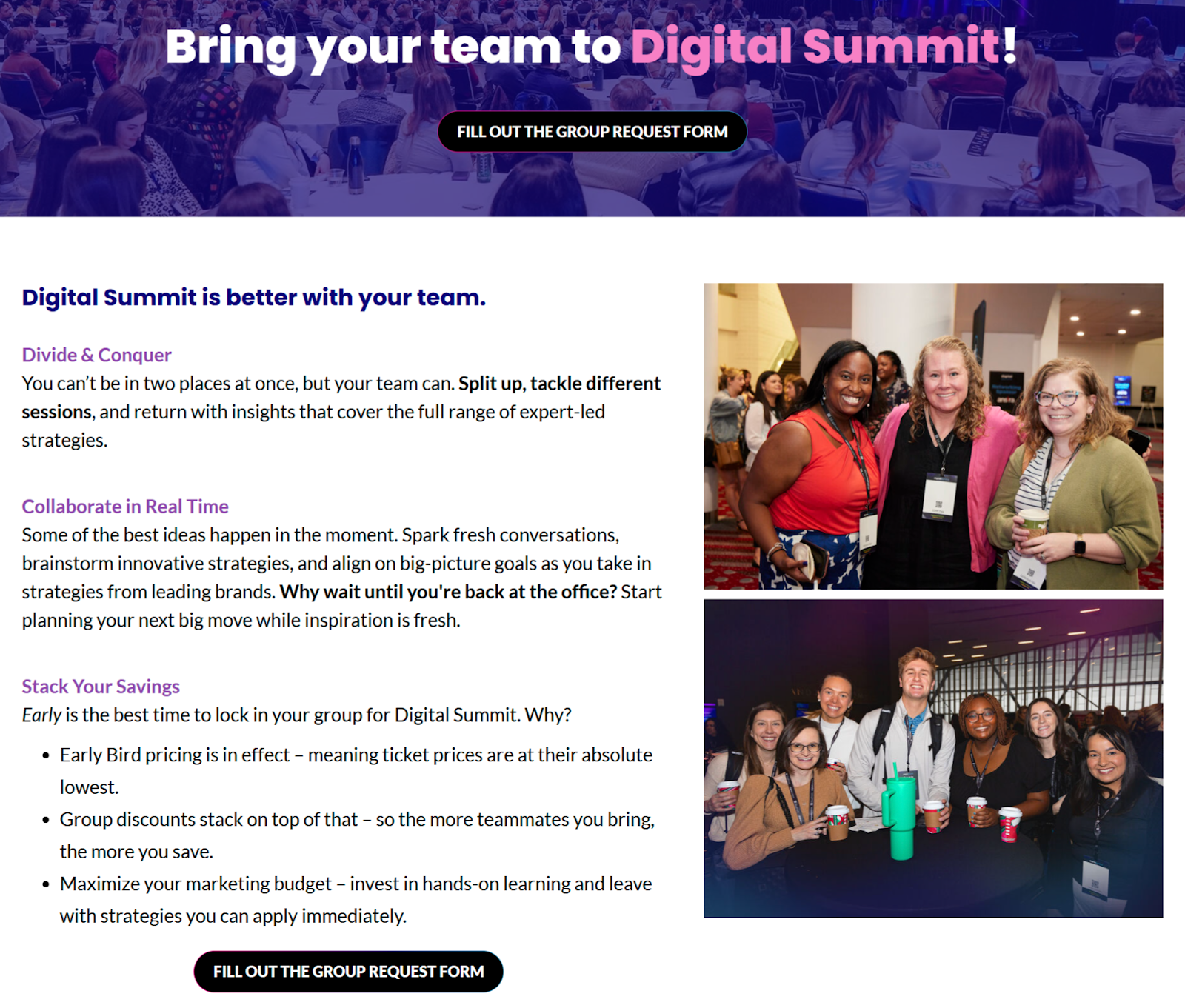 screenshot of the "Bring Your Team Page" from the Digital Summit conference website