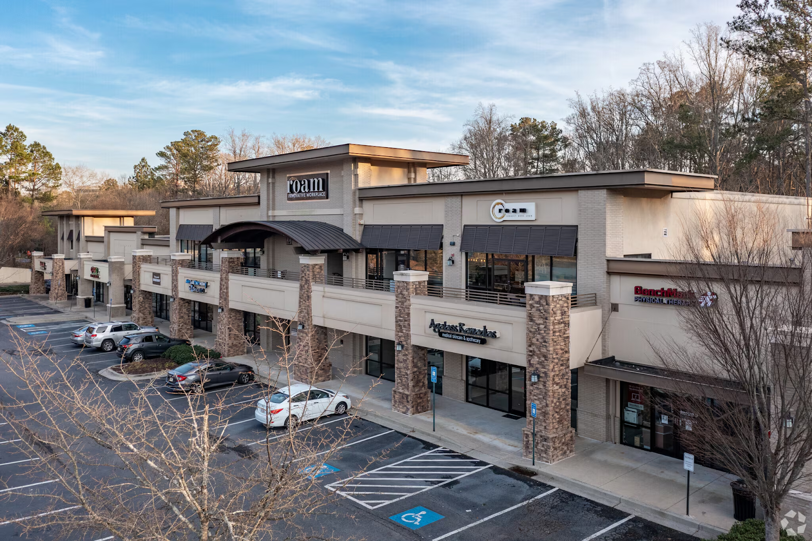 free parking lot outside Roam Alpharetta’s coworking space in Georgia
