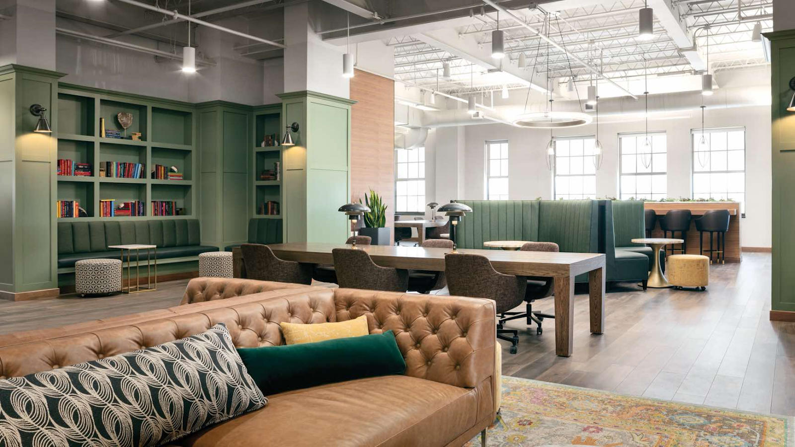 beautifully decorated lounge area and meeting table at Life Time Work Buckhead at Phipps Plaza in Atlanta