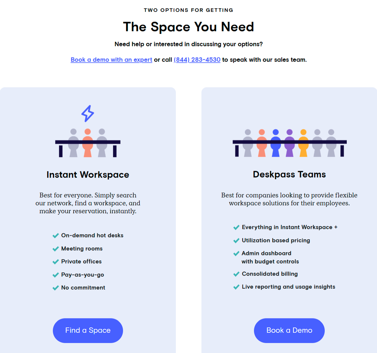 screenshot of the two different options for booking a coworking space through Deskpass