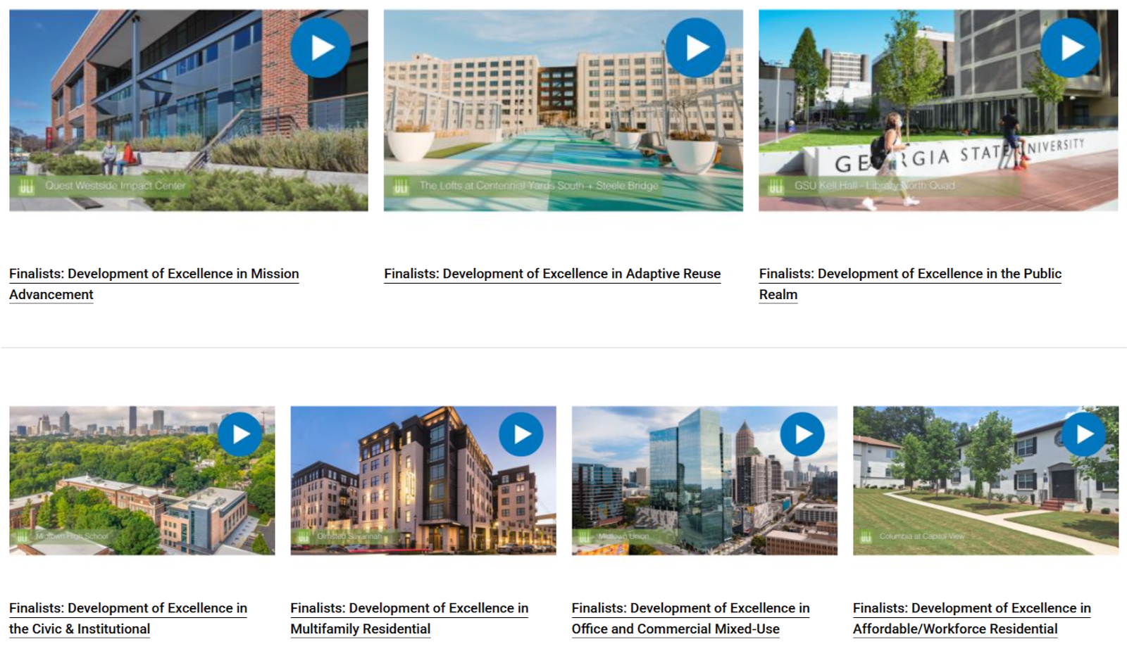 screenshot of finalist categories on ULI Atlanta's "Awards for Excellence" web page