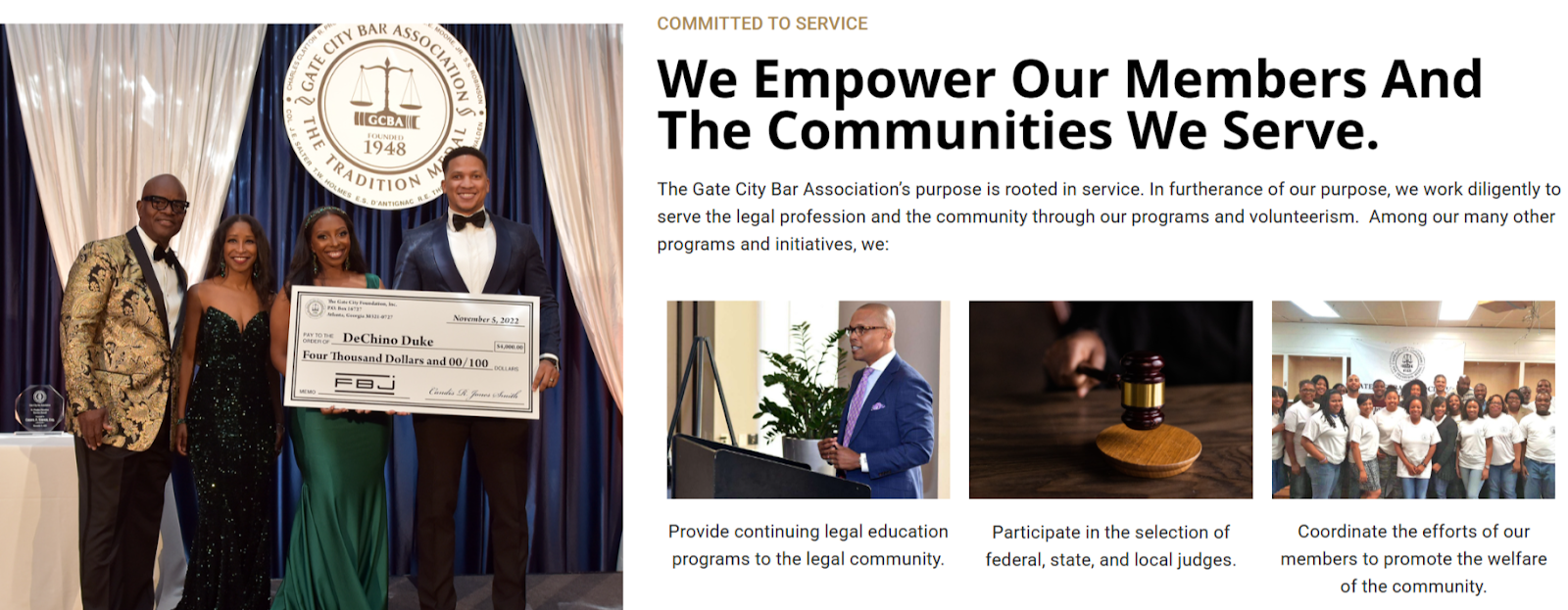 screenshot of Gate City Bar's website homepage highlighting their commitment to community alongside member photos