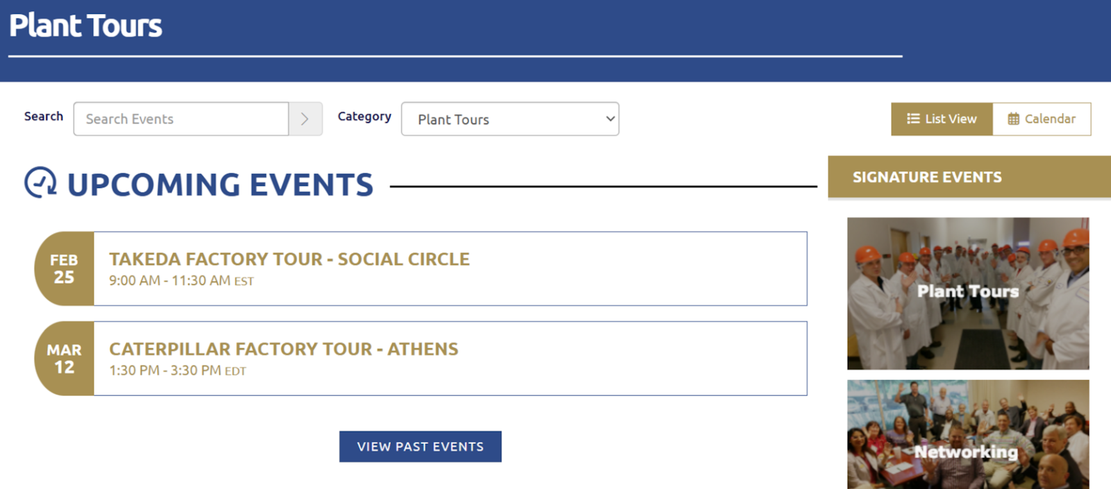 Georgia Manufacturing Alliance's "Events" page showing their plant tour schedule 