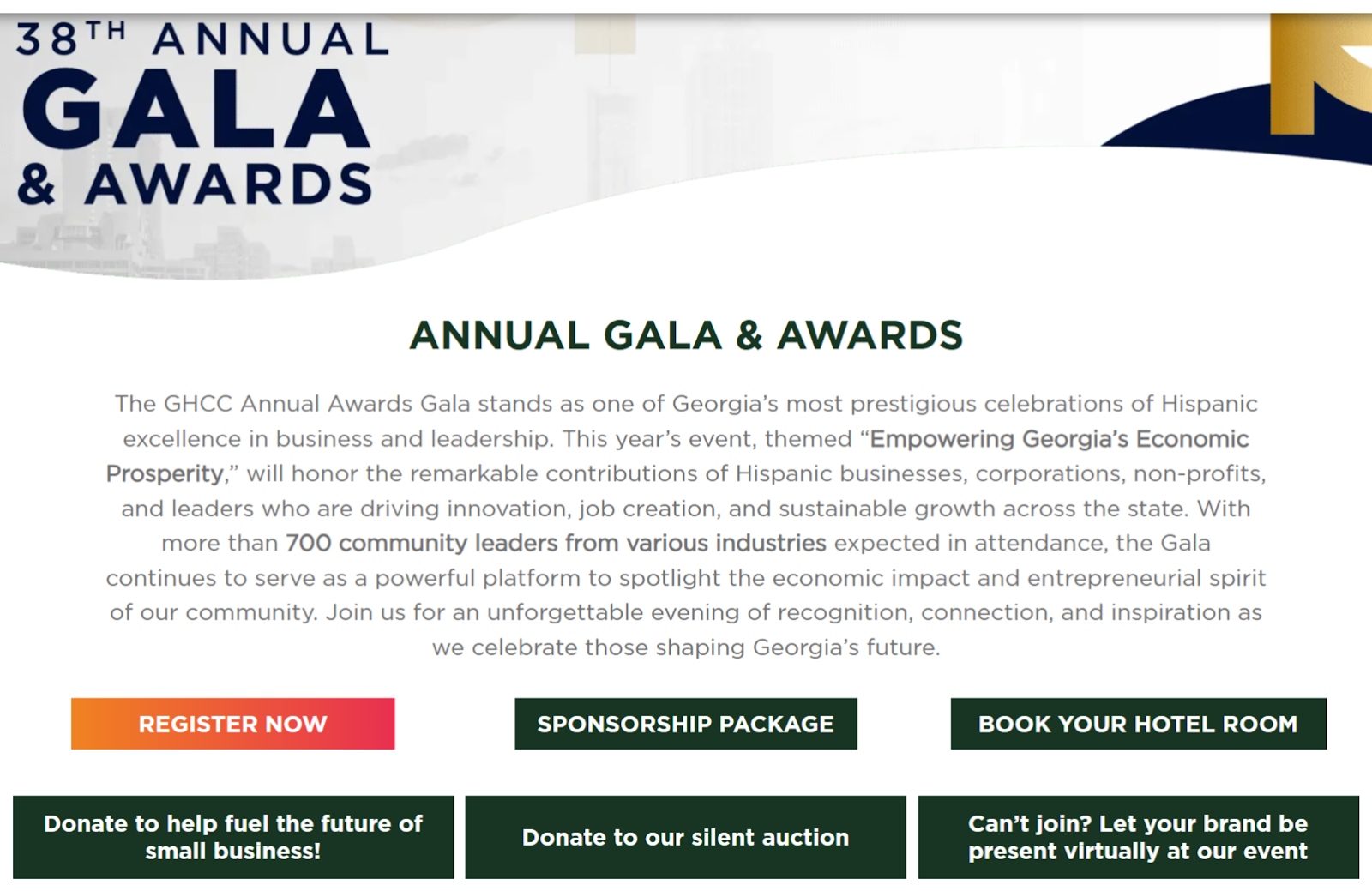 web page for Georgia Hispanic Chamber of Commerce's 38th Annual Awards Gala