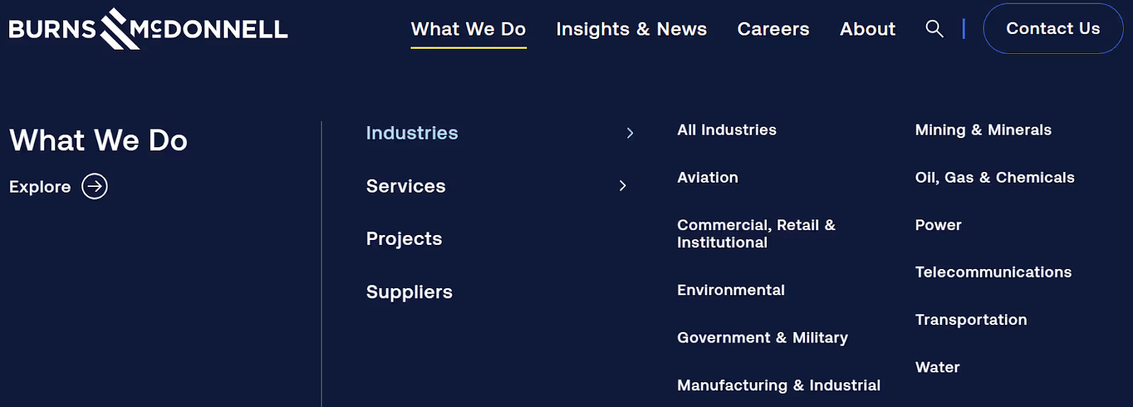 Burns and McDonnell's website navigation menu showing the "What We Do" tab broken down by industries, services, projects, and suppliers