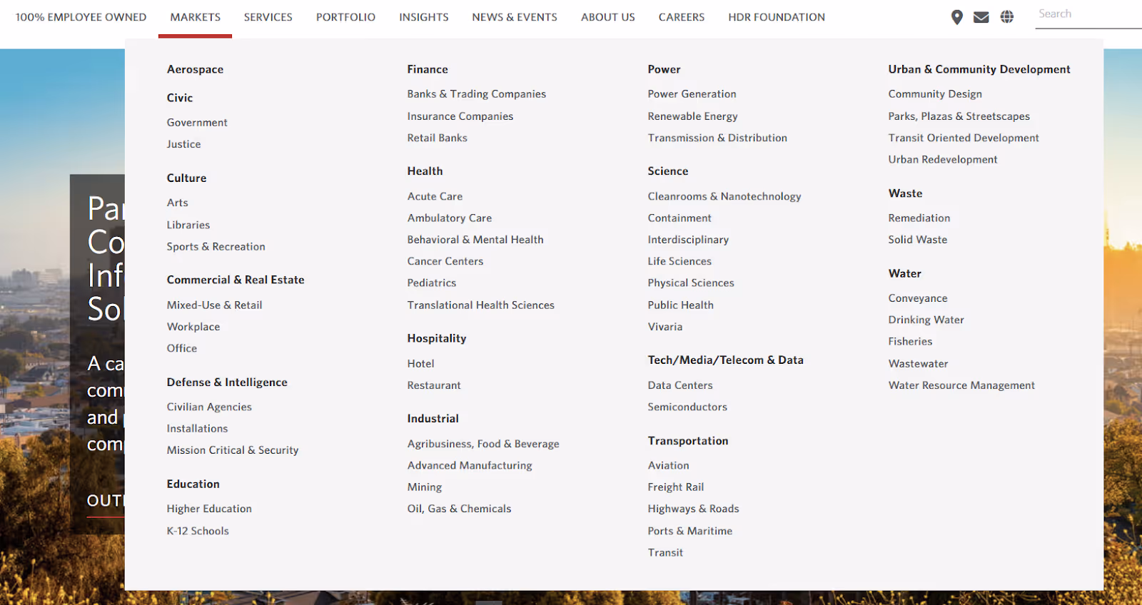 design firm HDR, Inc.'s navigation menu showing the expanded "markets" tab broken down by industry