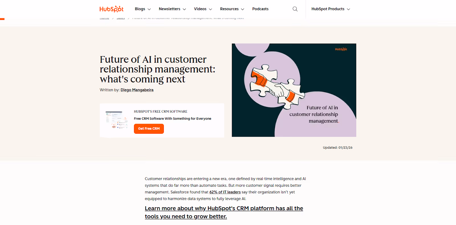 snippet of a HubSpot blog about AI in customer relationship management depicting what an H1 looks like