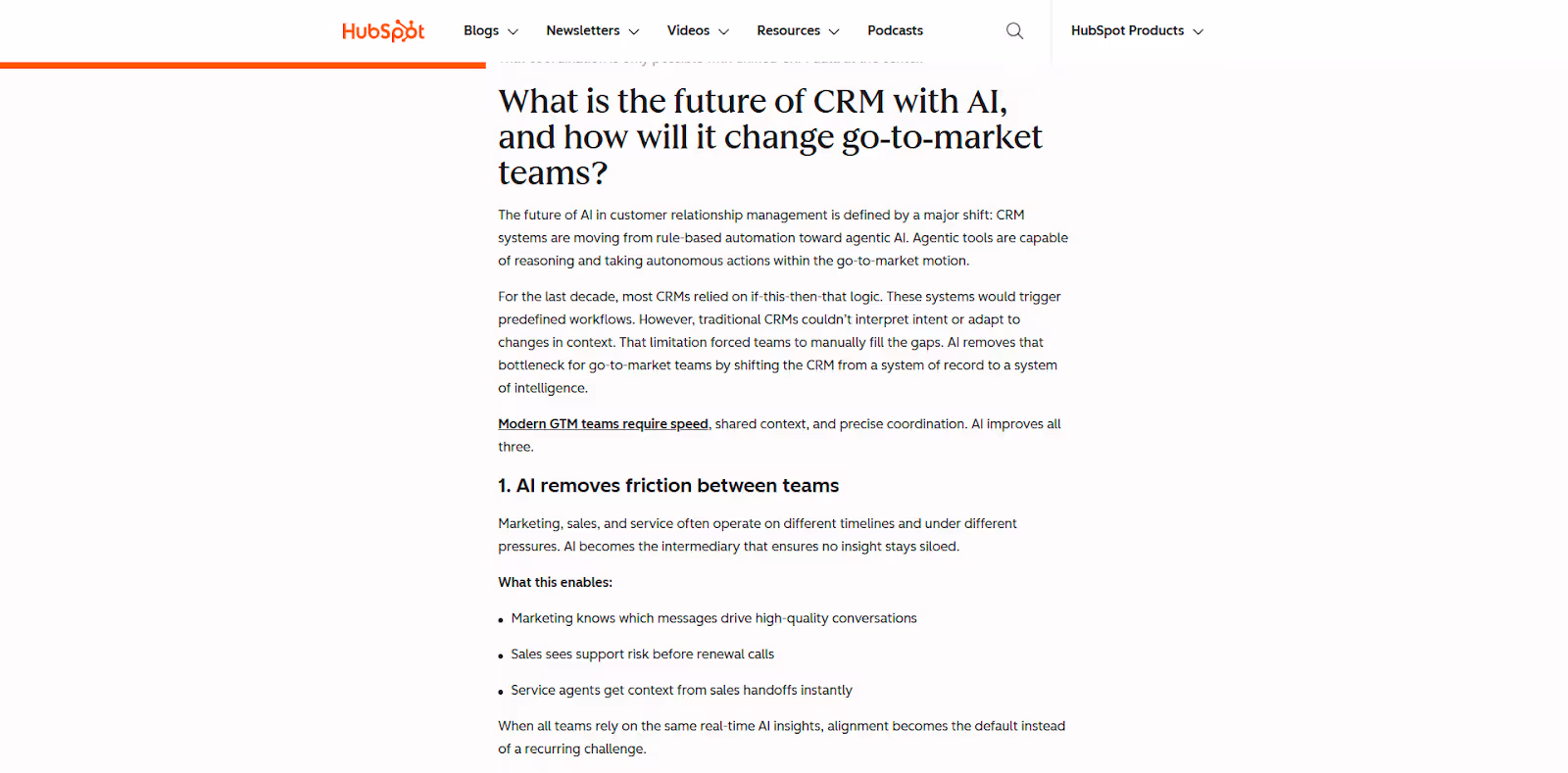 snippet of a HubSpot blog about AI in customer relationship management depicting what H2 and H3 headers and internal links look like