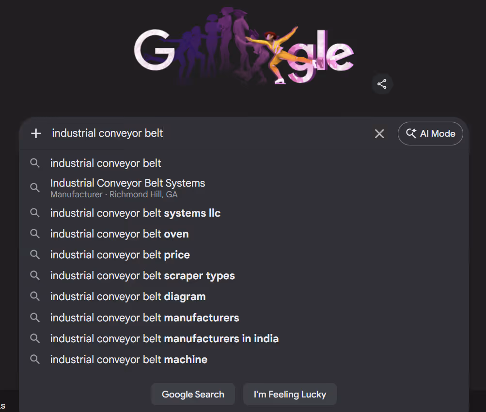 screenshot of Google's autocomplete suggestions for the search term "industrial conveyor belt"