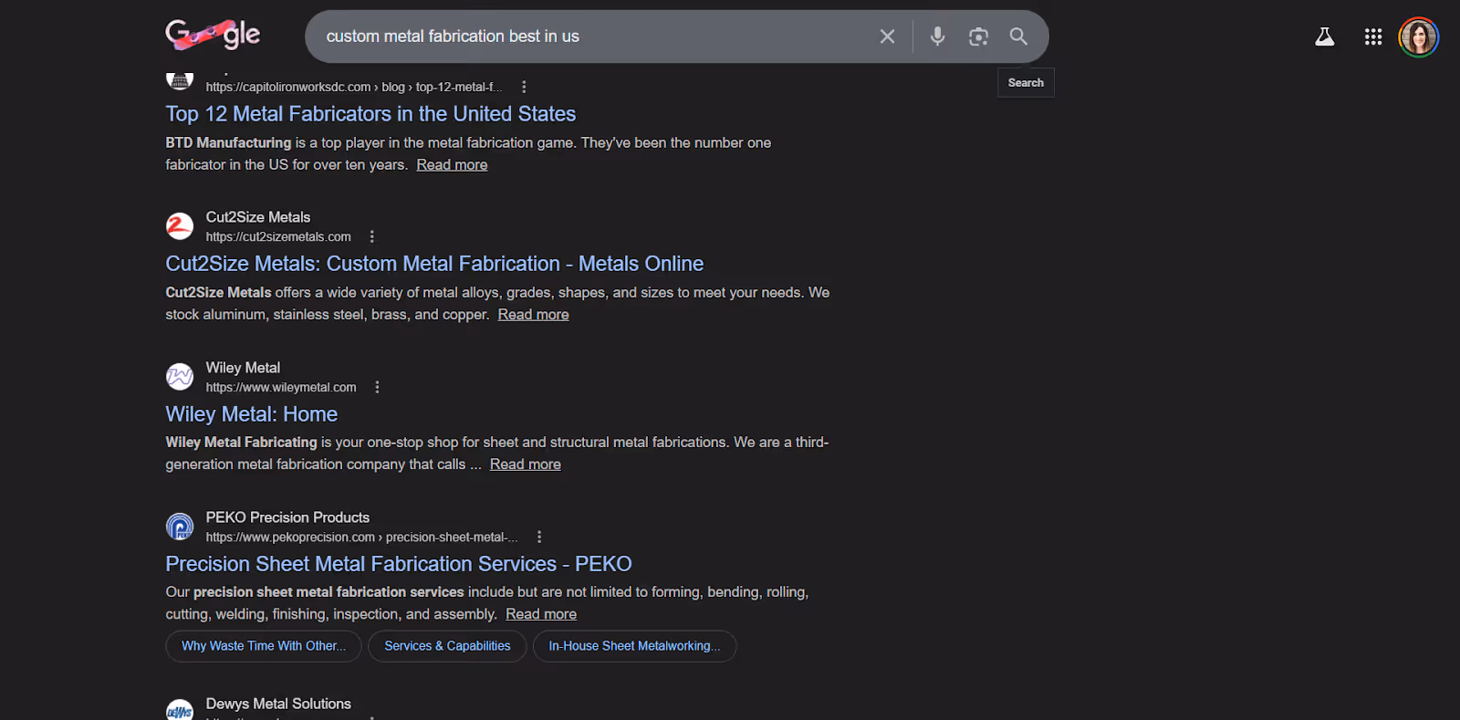 screenshot of Google search results showing clickable blue title tags and meta descriptions