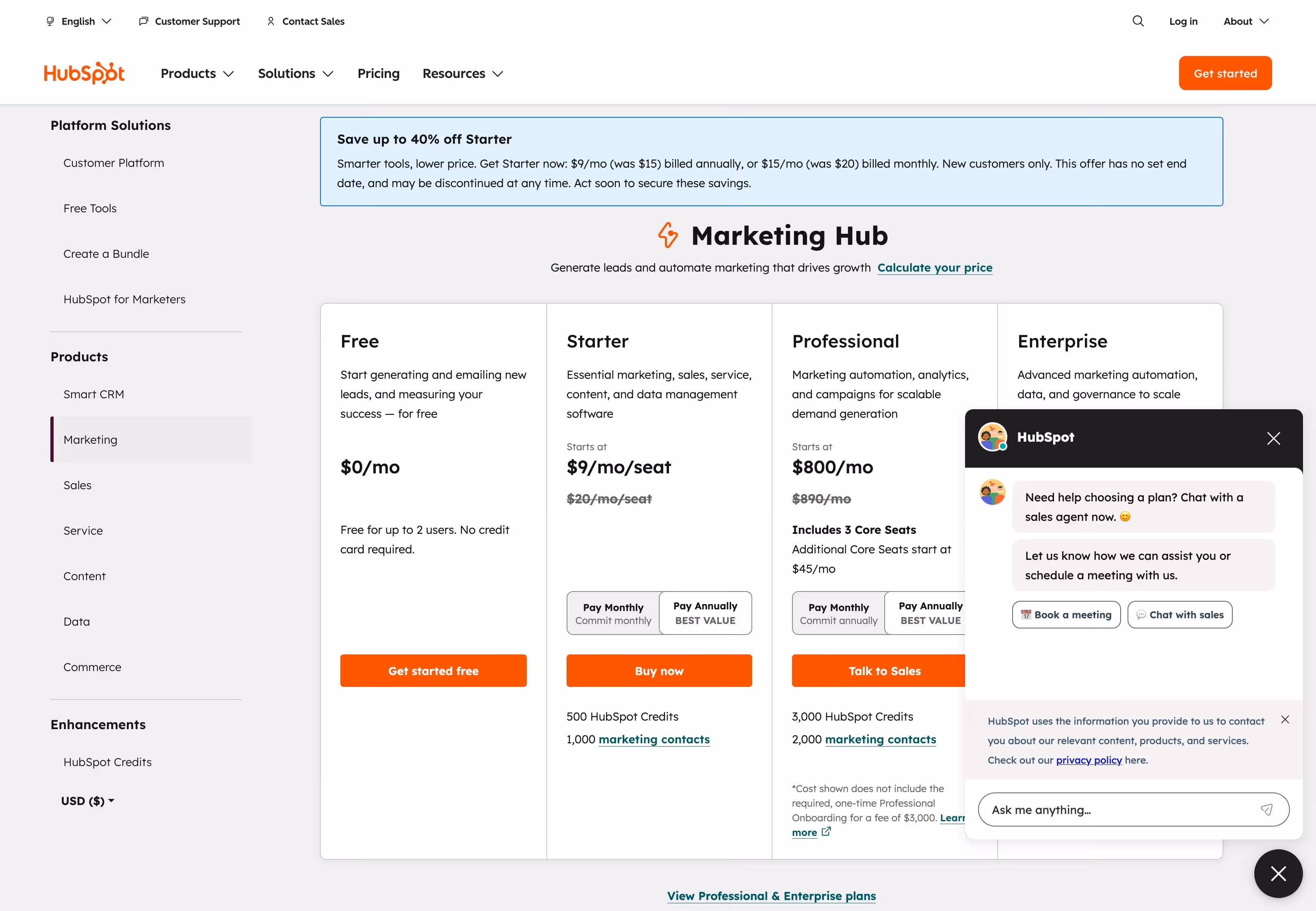 HubSpot pricing page showing Marketing Hub plan tiers with a contextual chat widget offering to help choose a plan and connect with sales