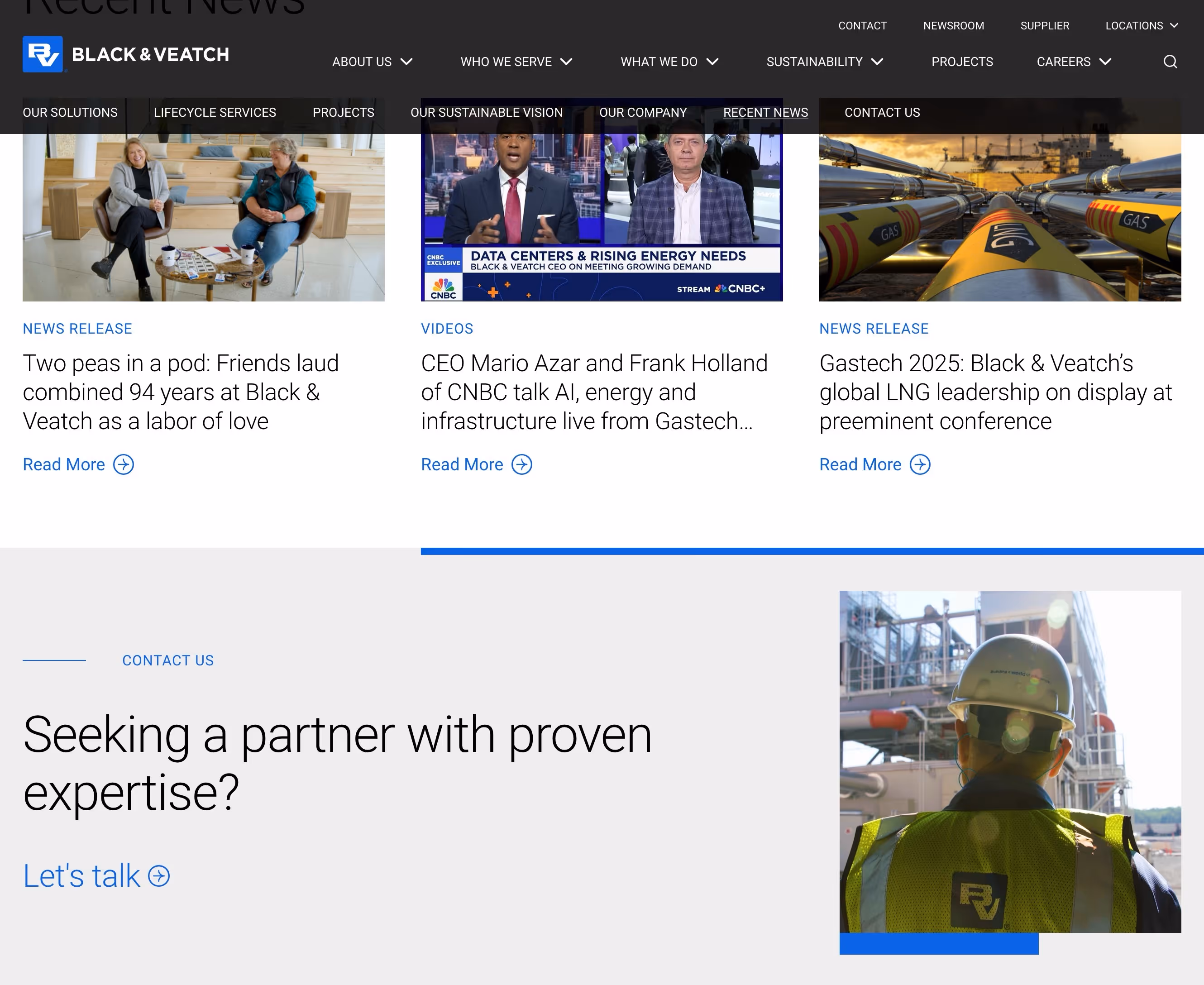 Black and Veatch homepage bottom section showing partner inquiry call-to-action after news and project content