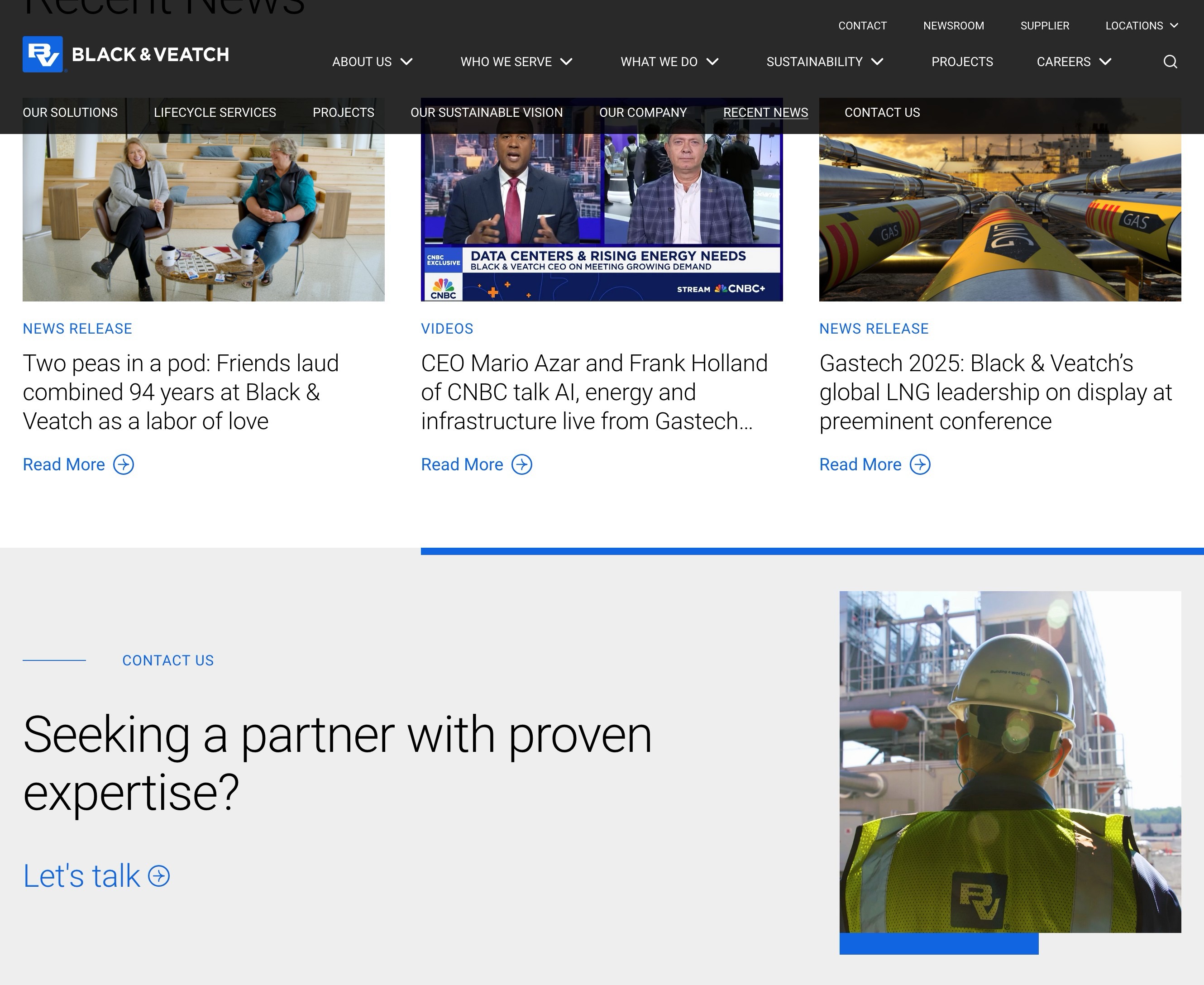 Black and Veatch homepage bottom section showing partner inquiry call-to-action after news and project content