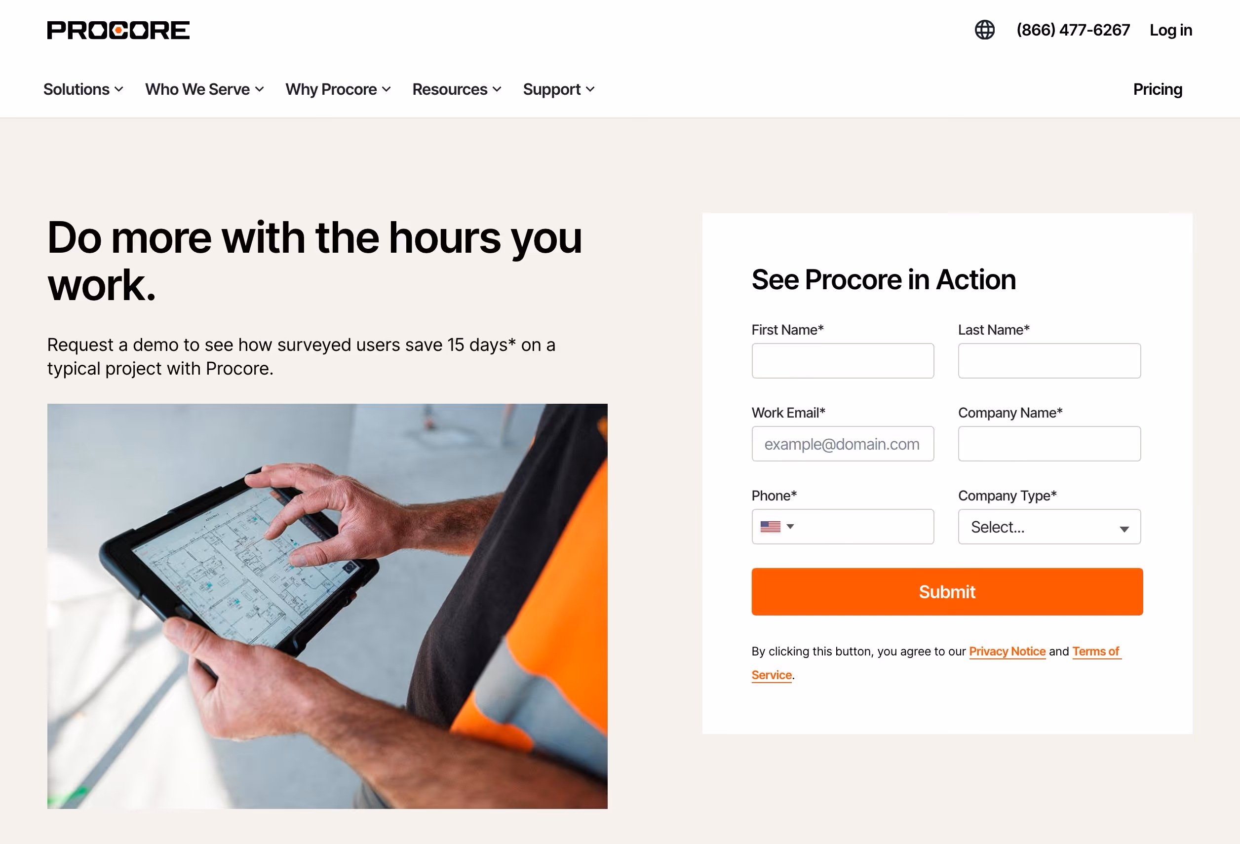 Procore demo request page showing a value proposition headline alongside a structured form collecting name email company and company type