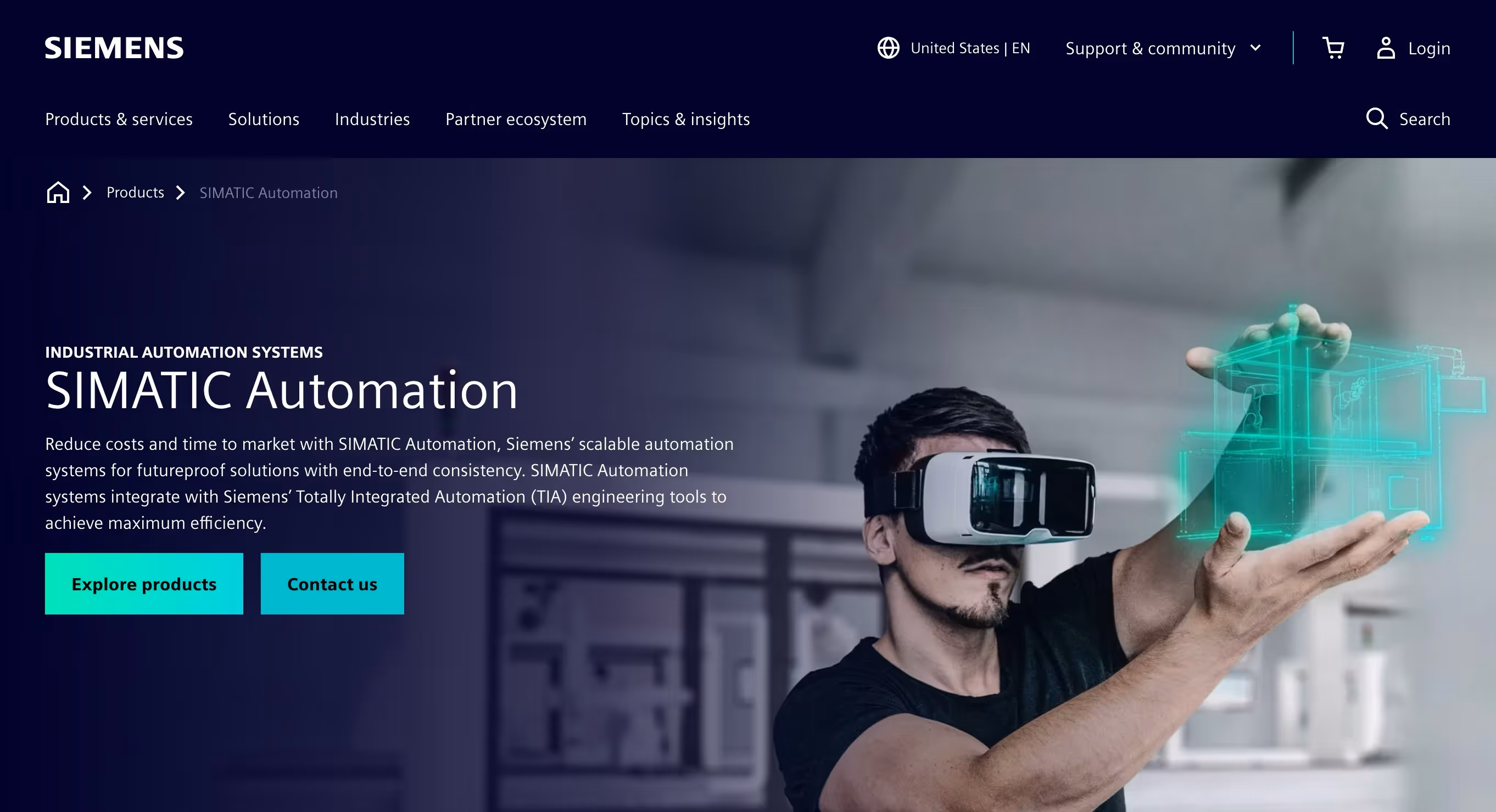 Siemens SIMATIC Automation page showing dual call-to-action buttons for exploring products and contacting sales