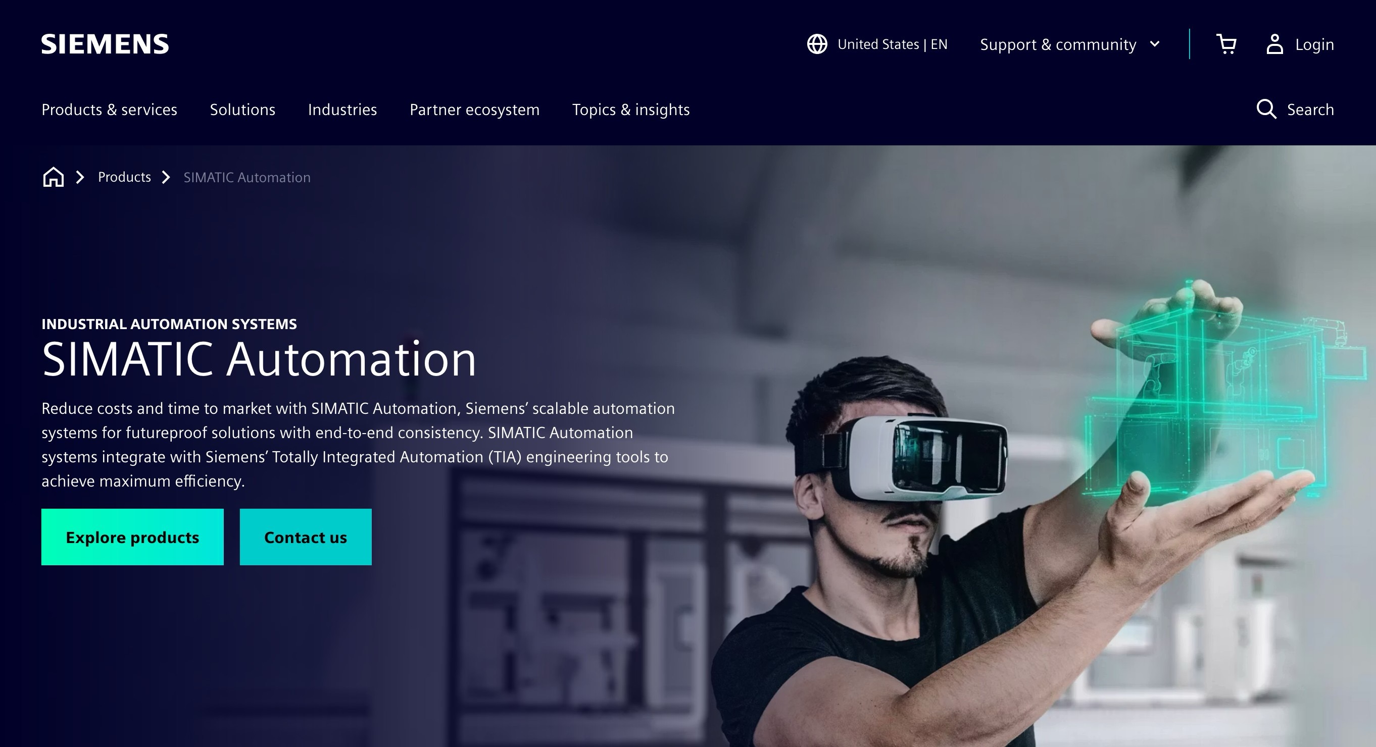 Siemens SIMATIC Automation page showing dual call-to-action buttons for exploring products and contacting sales