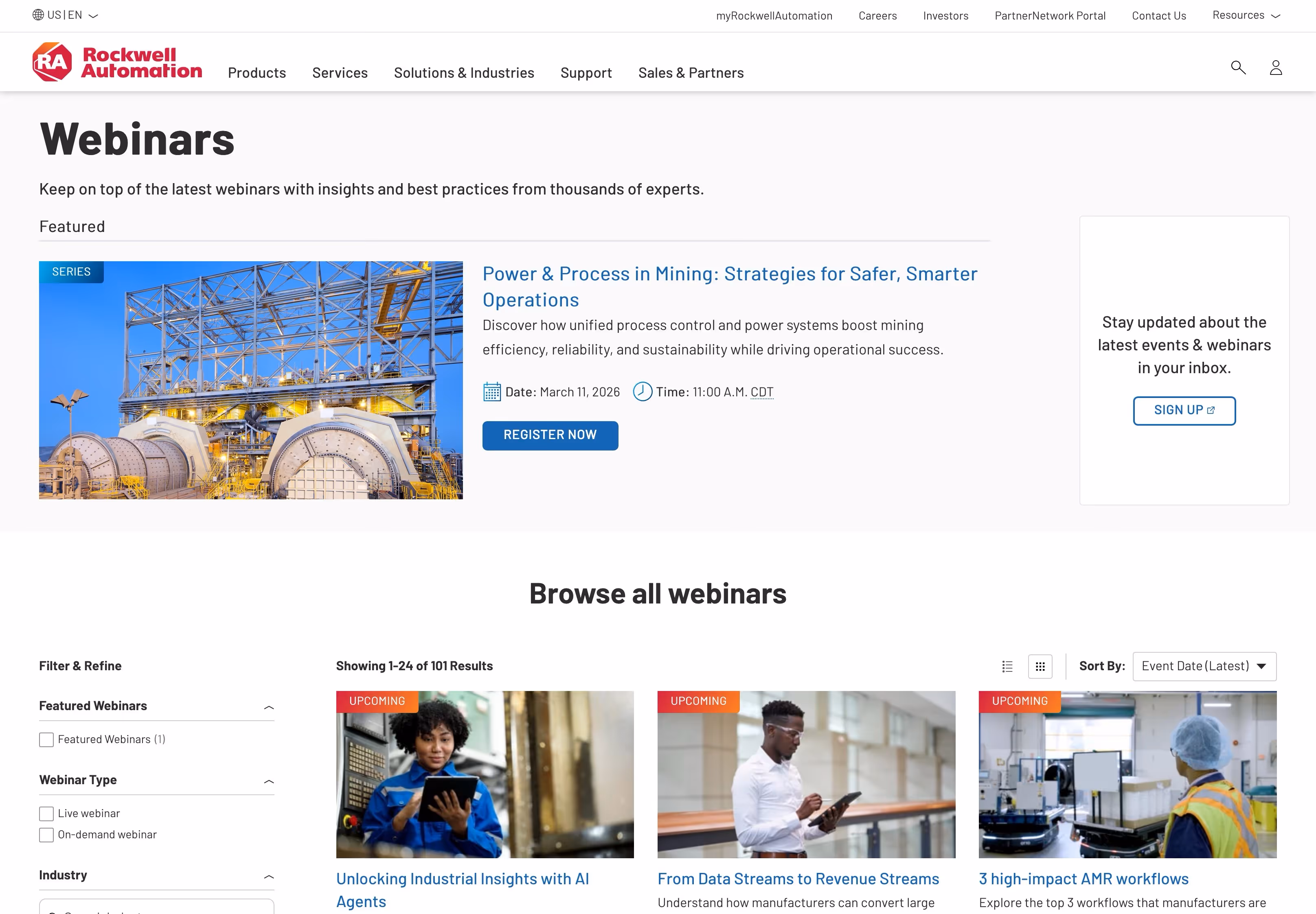 Rockwell Automation webinar landing page showing featured webinar with register now button, event details, and a browsable library of upcoming and on-demand webinars
