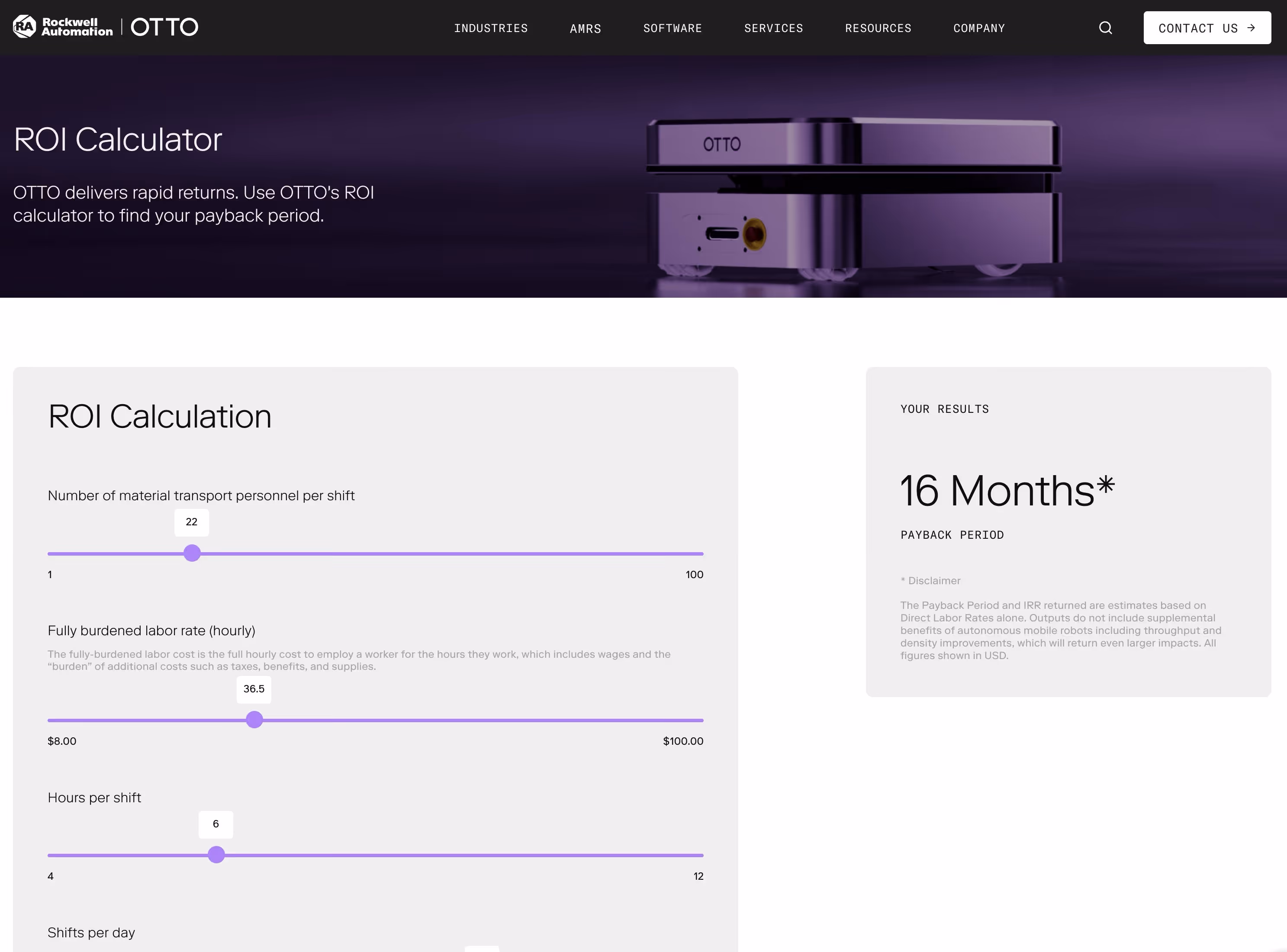 OTTO Motors ROI Calculator showing interactive sliders for personnel, labor rate, and shift data with a calculated 16-month payback period result