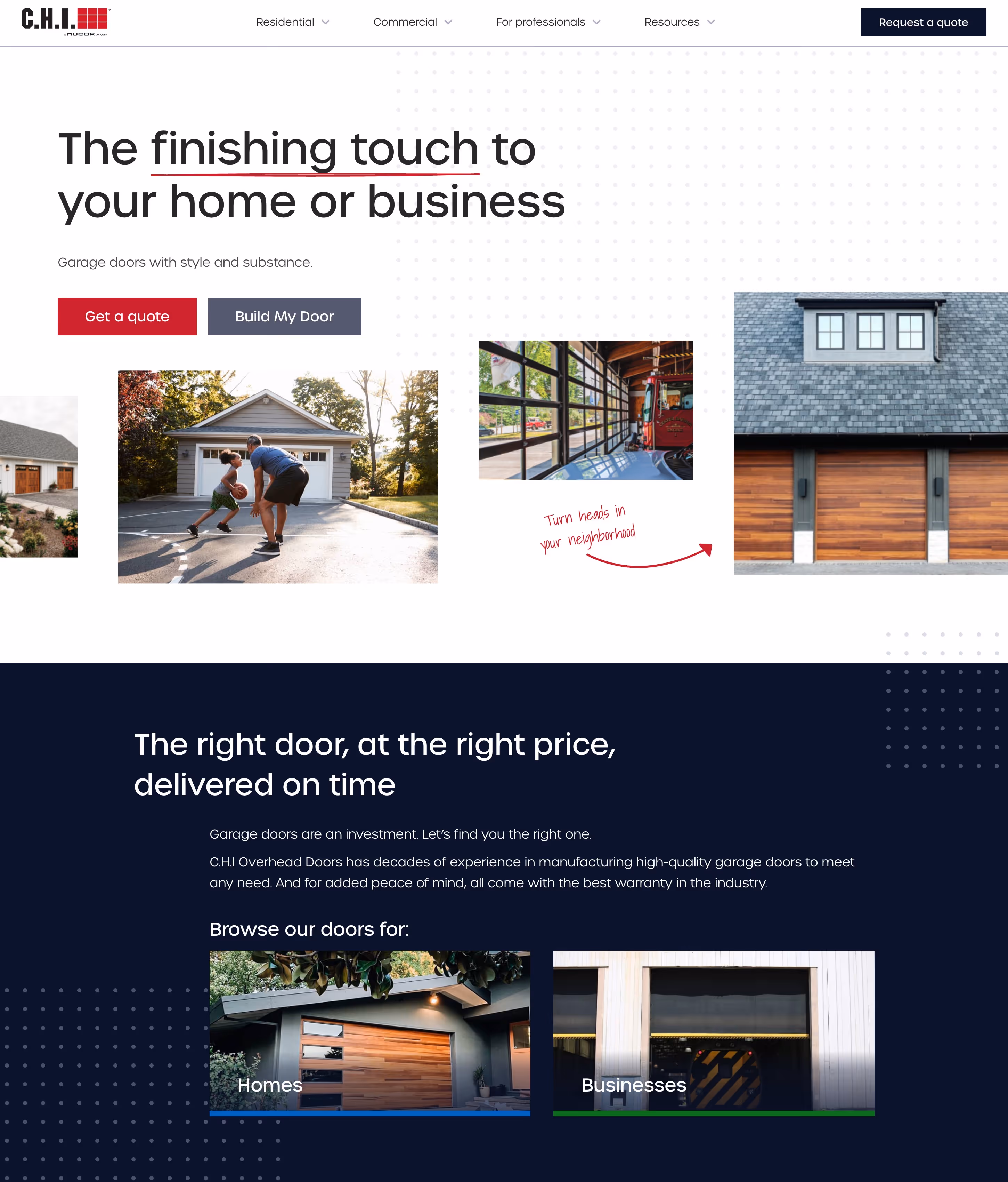 C.H.I. Overhead Doors homepage showing modern B2B website design with clear messaging, audience segmentation, and professional layout
