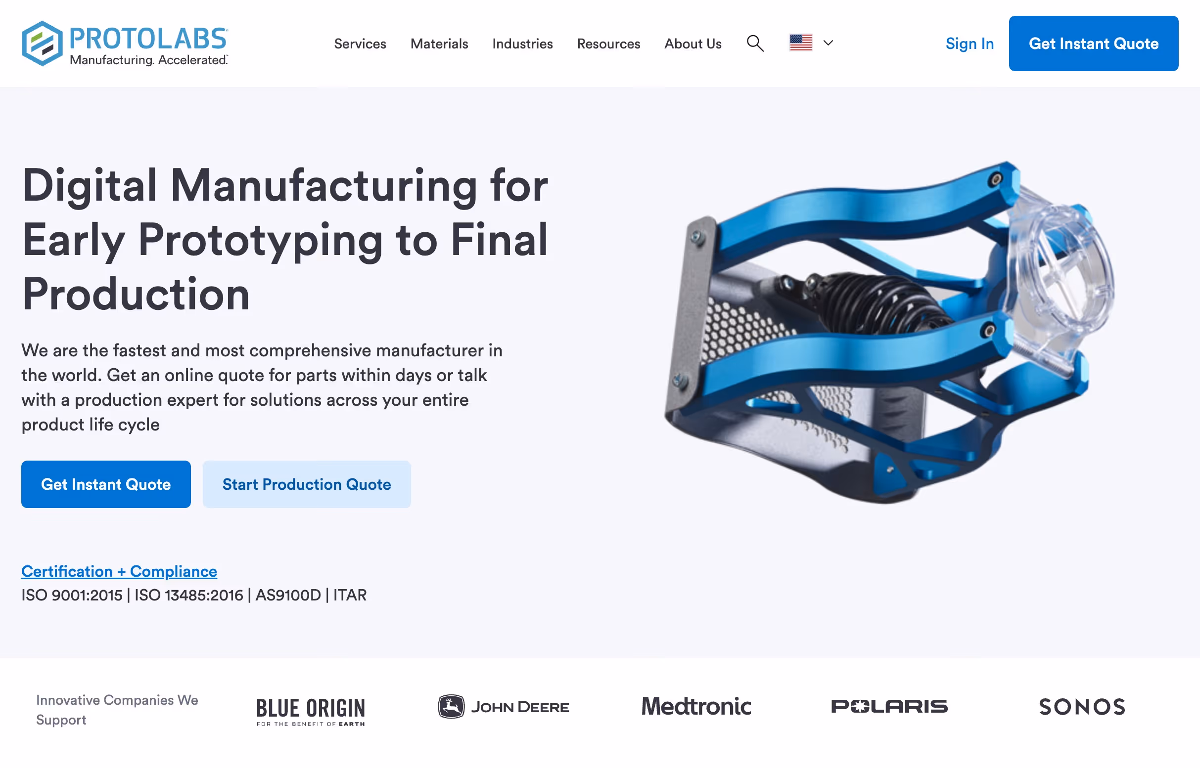ProtoLabs website showing clean layout with well-organized content blocks and clear navigation